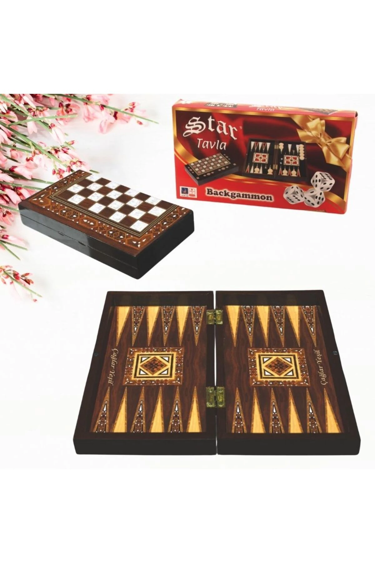 KİŞİYE ÖZEL İSİM BASKILI ANTİK MİNİK MOZAİK TAVLA TAKIMI