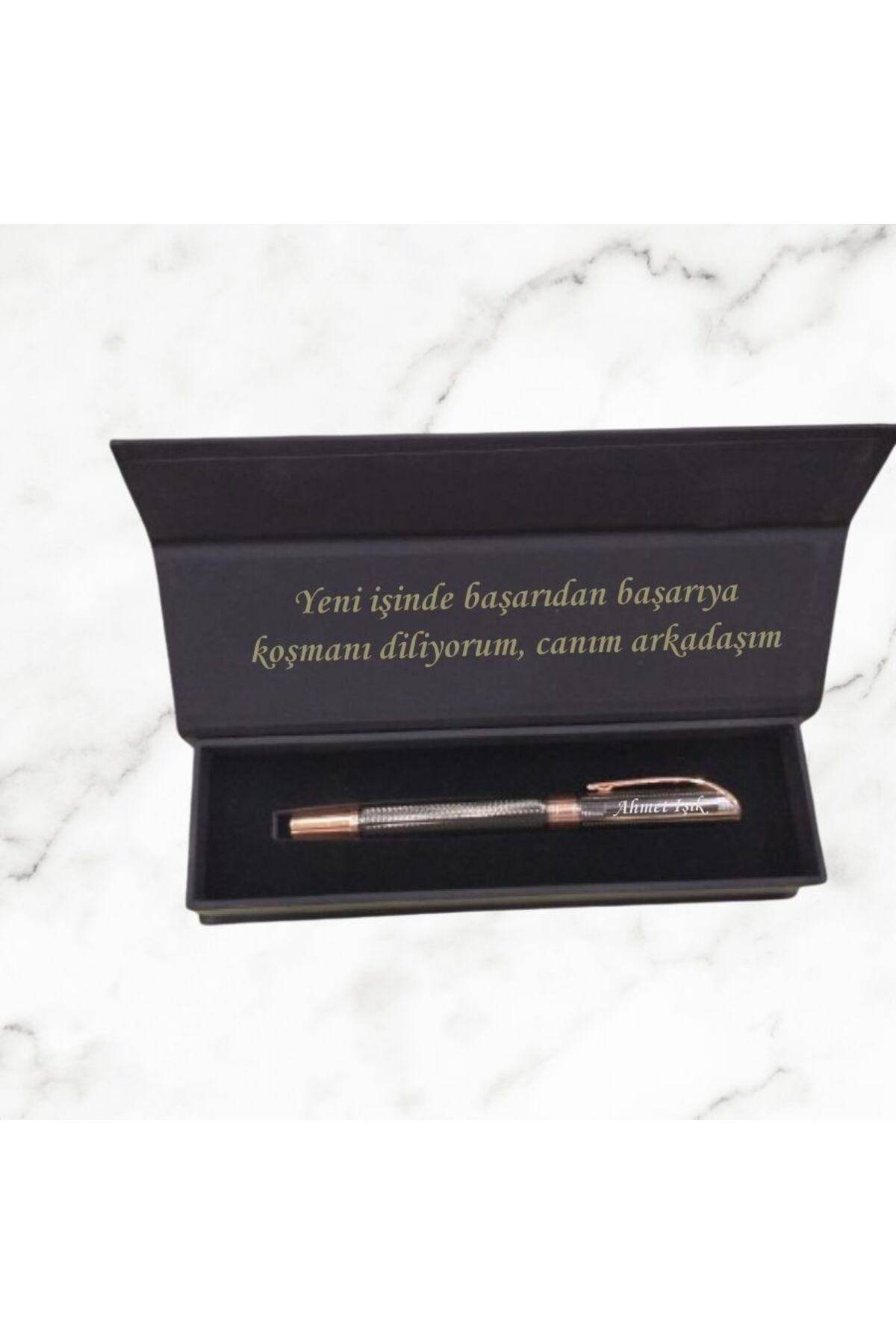 Hediyesibizden Kutulu Kişiye Özel Füme Rose Metal Roller Kalem Seti