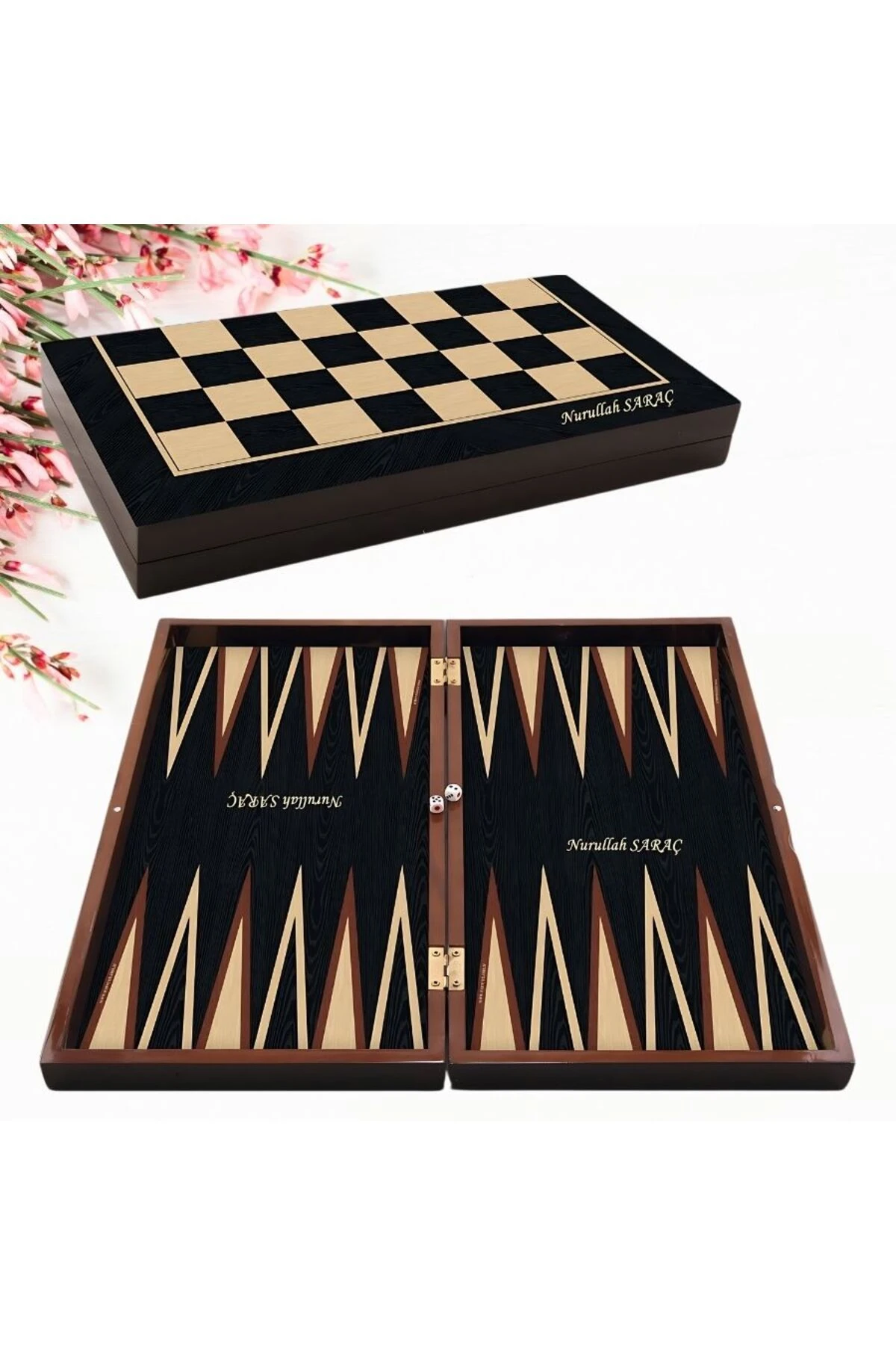 KİŞİYE ÖZEL İSİM BASKILI KOYU VENGE CAFE TAVLA TAKIMI