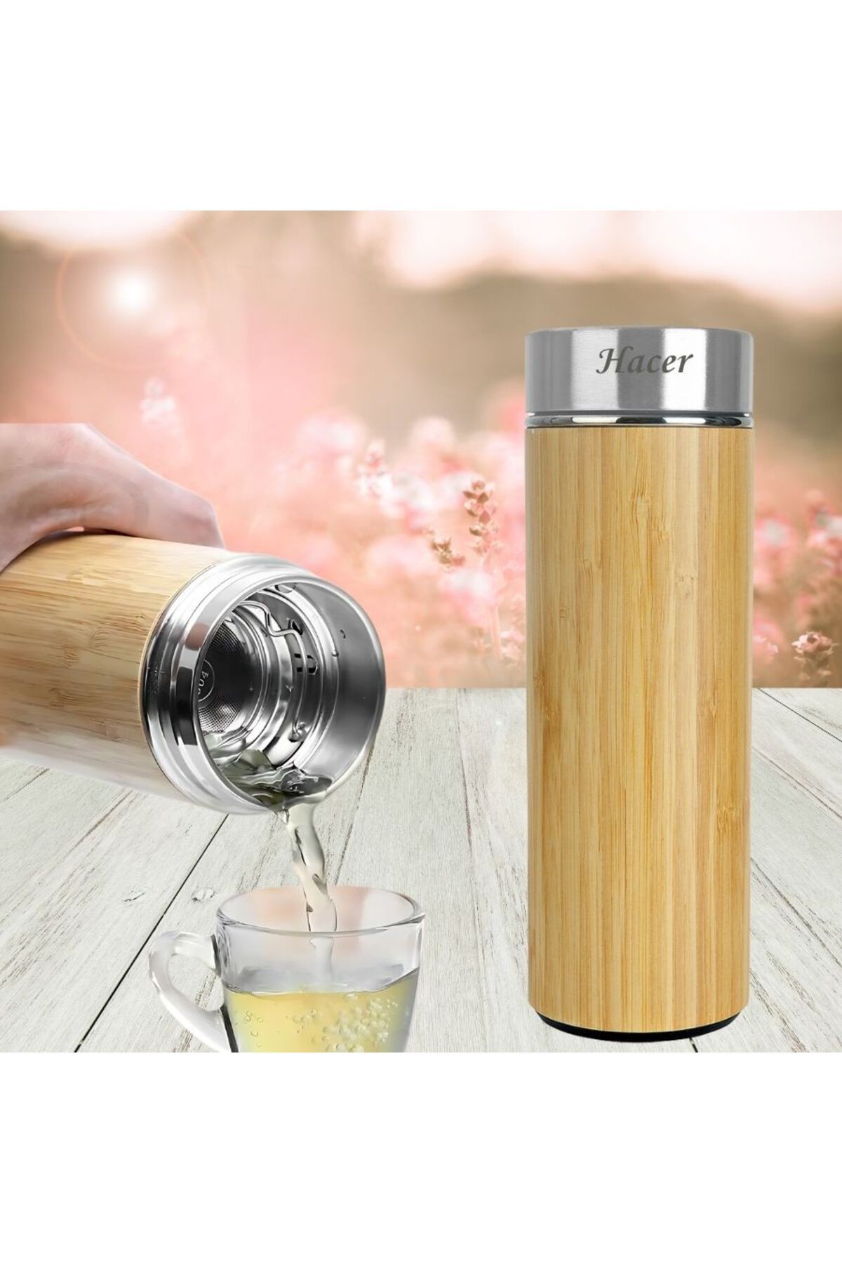Kişiye Özel Isim Baskılı Bambu Gövdeli Çift Katmanlı Paslanmaz Çelik Termos 450 ml