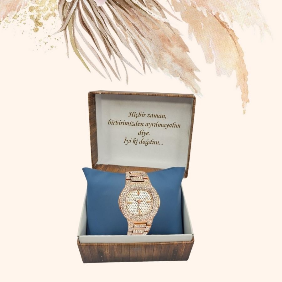  KİŞİYE ÖZEL KUTULU METAL TAŞLI KORDON METAL TAŞLI KASA ROSE GOLD KADIN KOL SAATİ