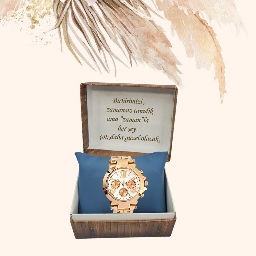  KİŞİYE ÖZEL KUTULU METAL KORDON METAL KASA ROSE GOLD KADIN KOL SAATİ