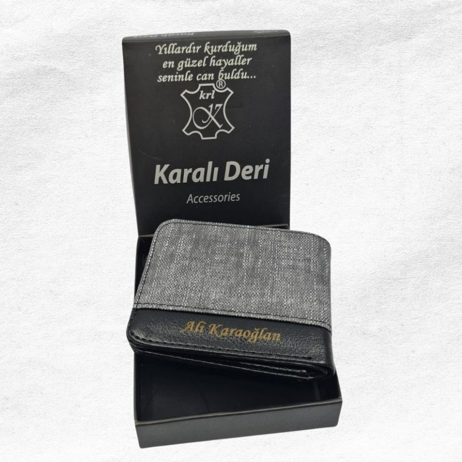 KİŞİYE ÖZEL KUTULU GRİ KOT KUMAŞ ERKEK CÜZDAN