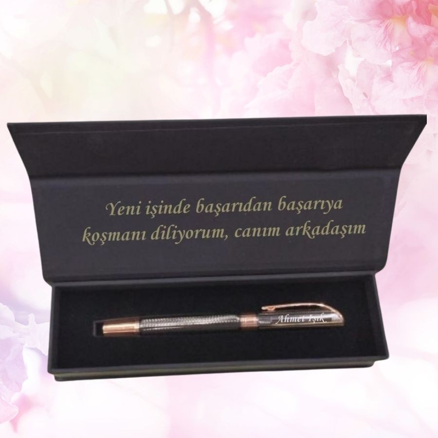Hediyesibizden Kutulu Kişiye Özel Füme Rose Metal Roller Kalem Seti