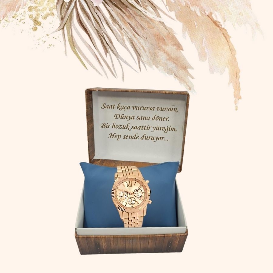  KİŞİYE ÖZEL KUTULU METAL KORDON METAL KASA ROSE GOLD KADIN KOL SAATİ