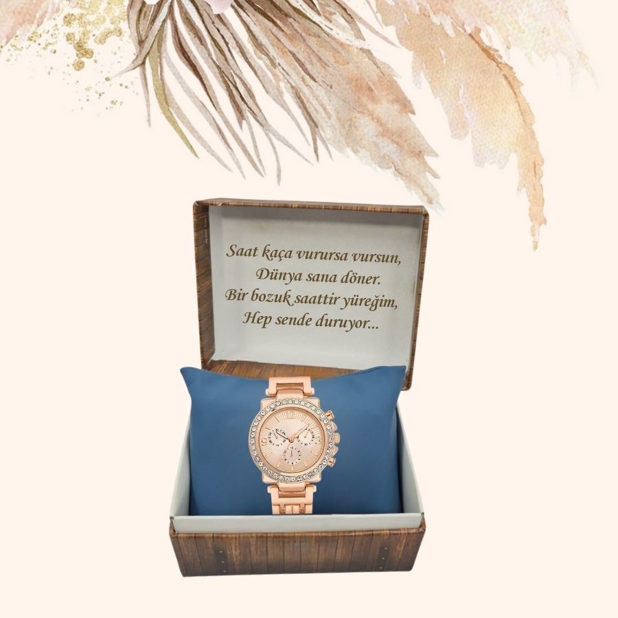 KİŞİYE ÖZEL KUTULU METAL KORDON METAL TAŞLI KASA ROSE GOLD KADIN KOL SAATİ