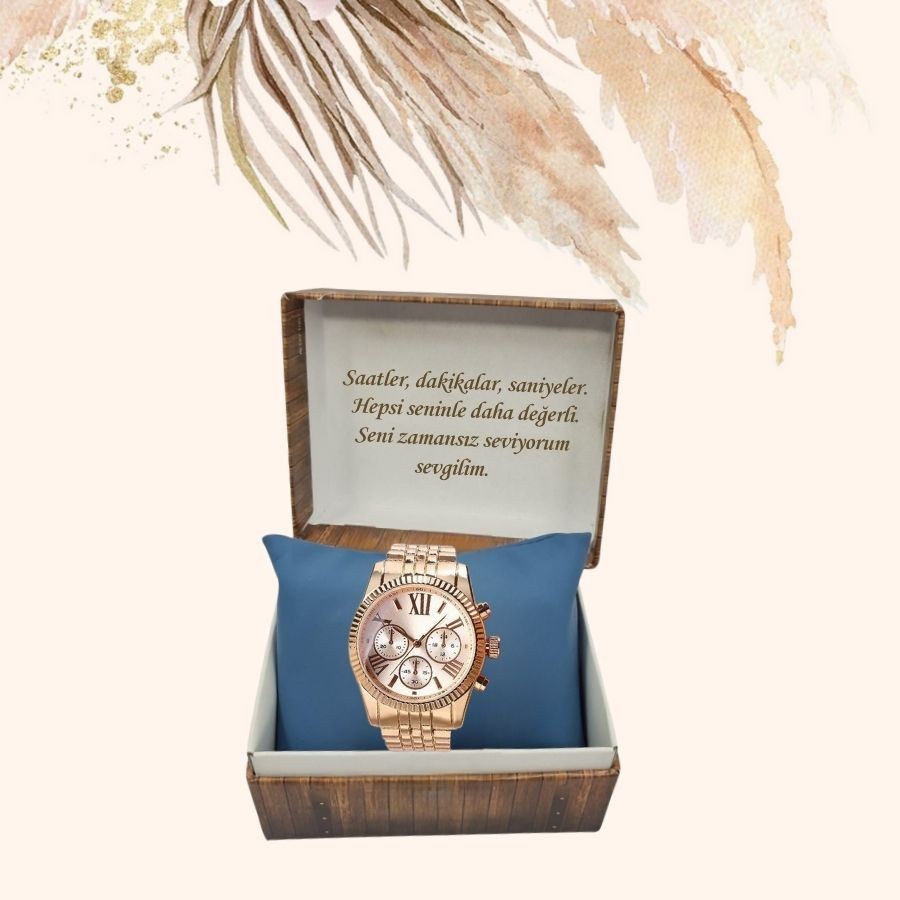 KİŞİYE ÖZEL KUTULU METAL KORDON METAL ROSE GOLD KADIN KOL SAATİ