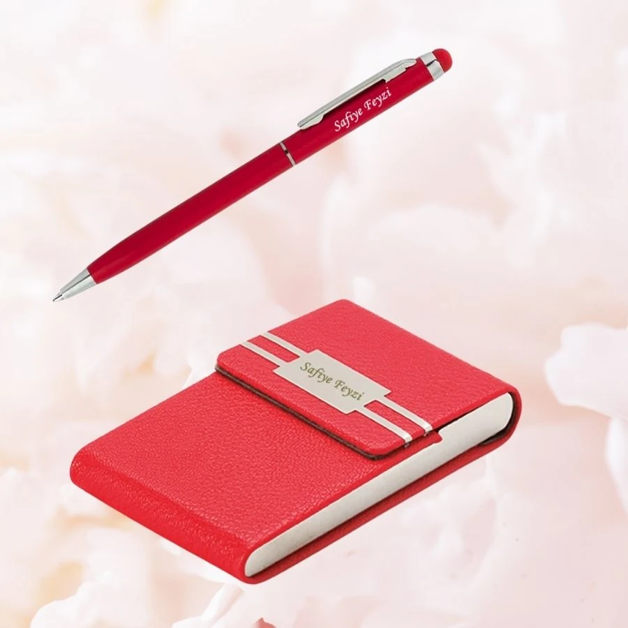 KİŞİYE ÖZEL İSİM BASKILI DERİLİ MIKNATISLI KAPAKLI KARTVİZİTLİK VE METAL TÜKENMEZ KALEM