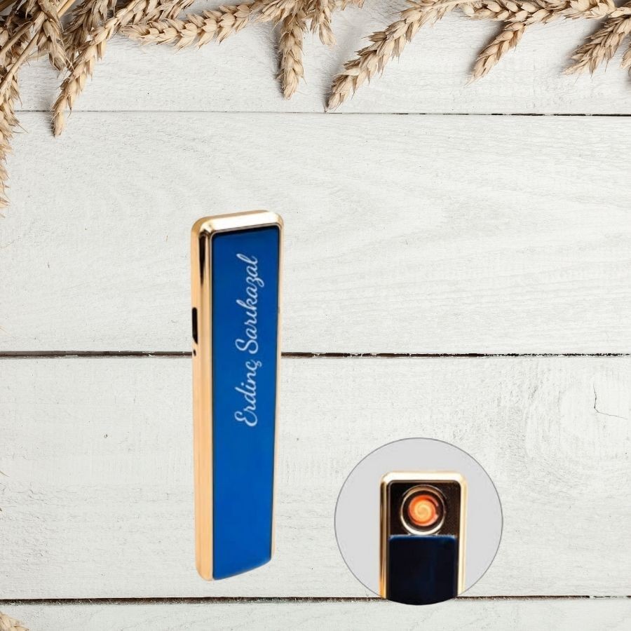 KİŞİYE ÖZEL KUTULU ELEKTRONİK USB ŞARJLI GOLD MAVİ ÇAKMAK