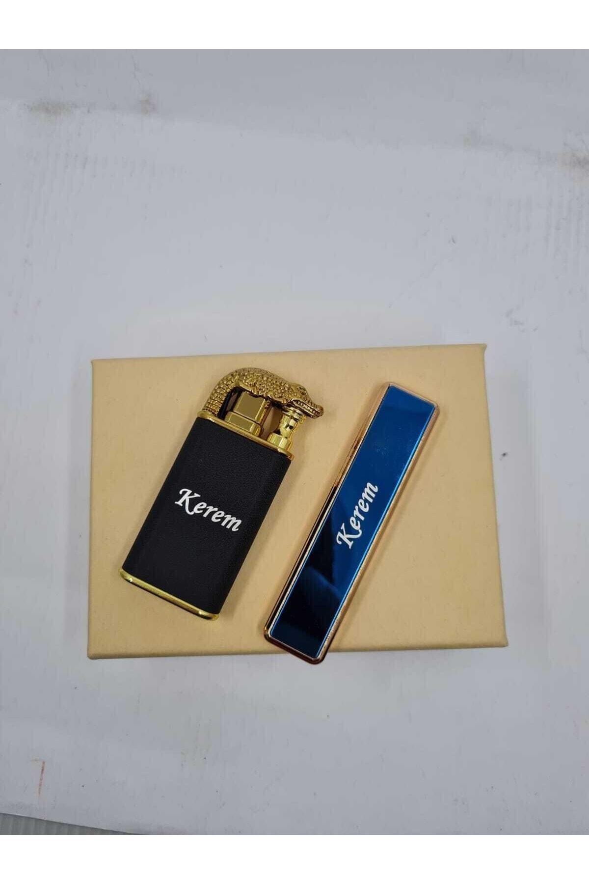 Kişiye Özel Isim Baskılı Usb Şarjlı Elektronik Çakmak Timsah Figürlü Çift Alevli Gazlı Çakmak Seti