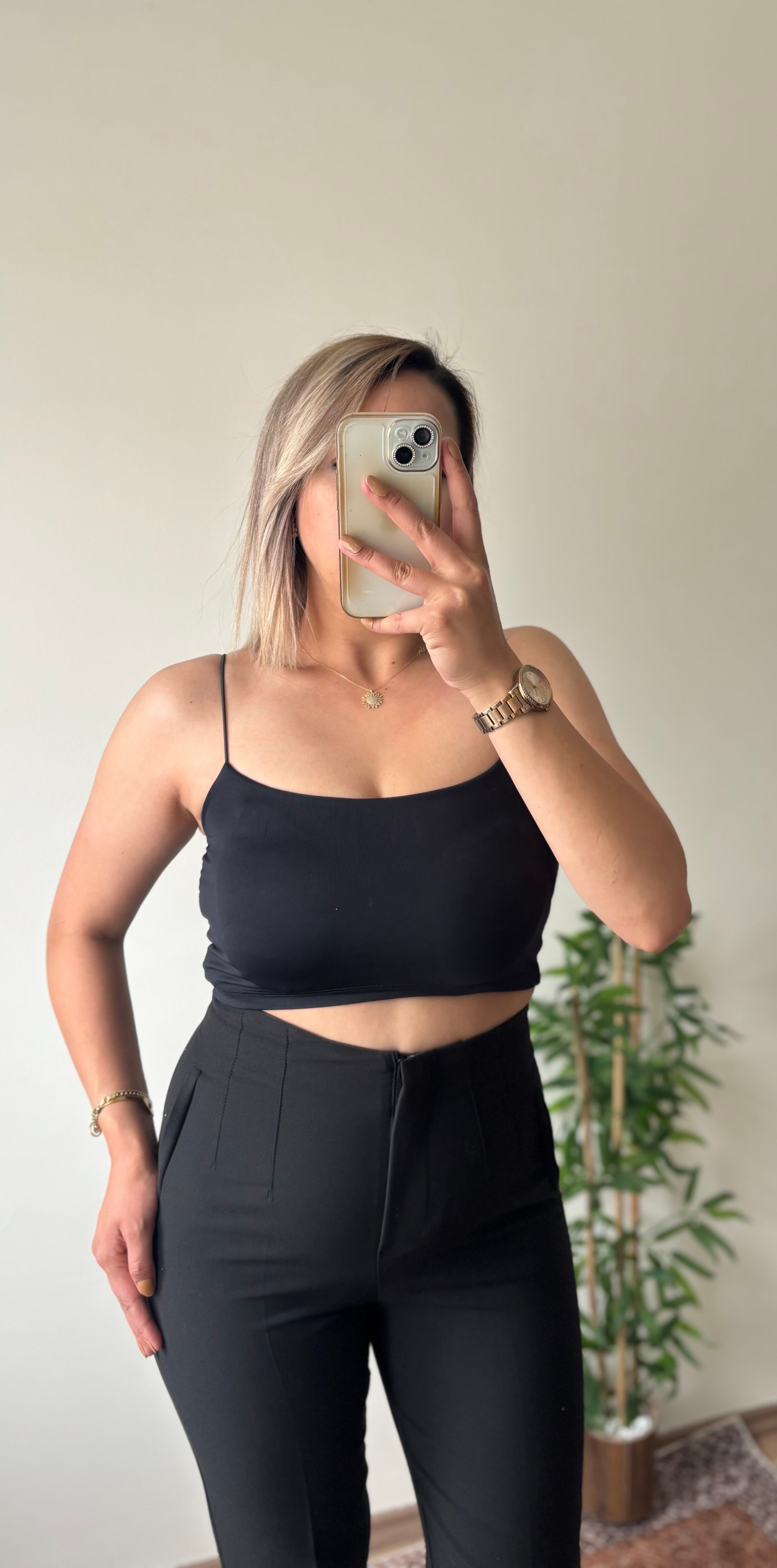 Sandy Kumaş İp Askılı Crop - Siyah