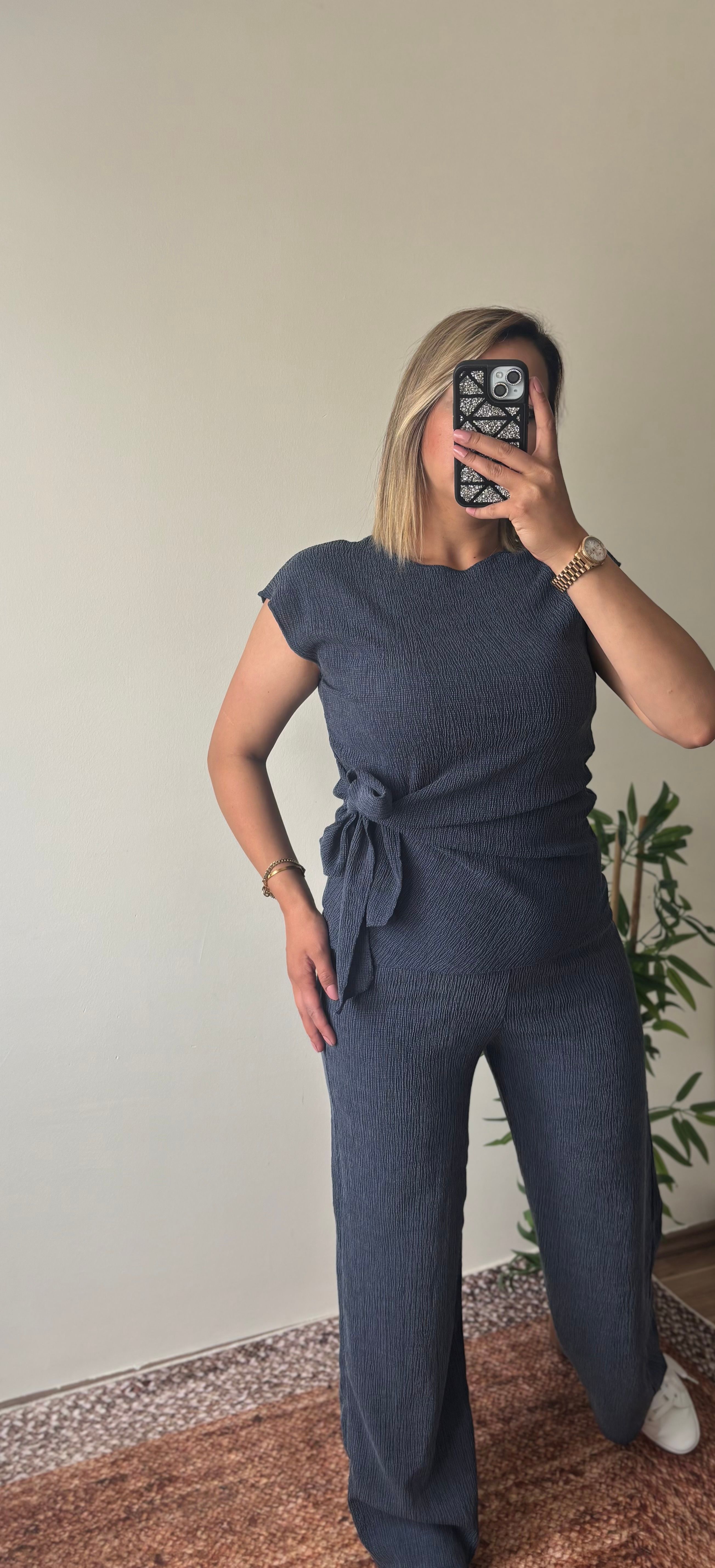 Bağlama Detaylı Bluz Pantolon Takim