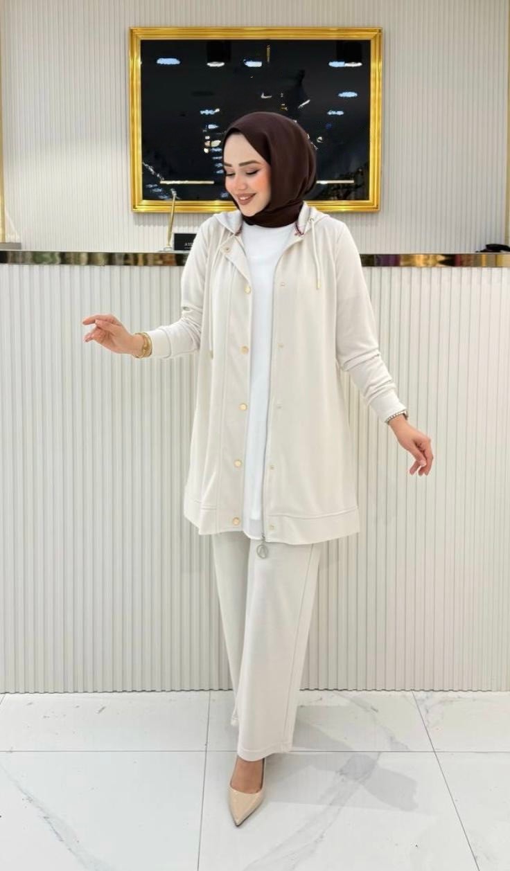 AYŞE AKAY  Pike Kumaş İkili Takım 6520 - KREM