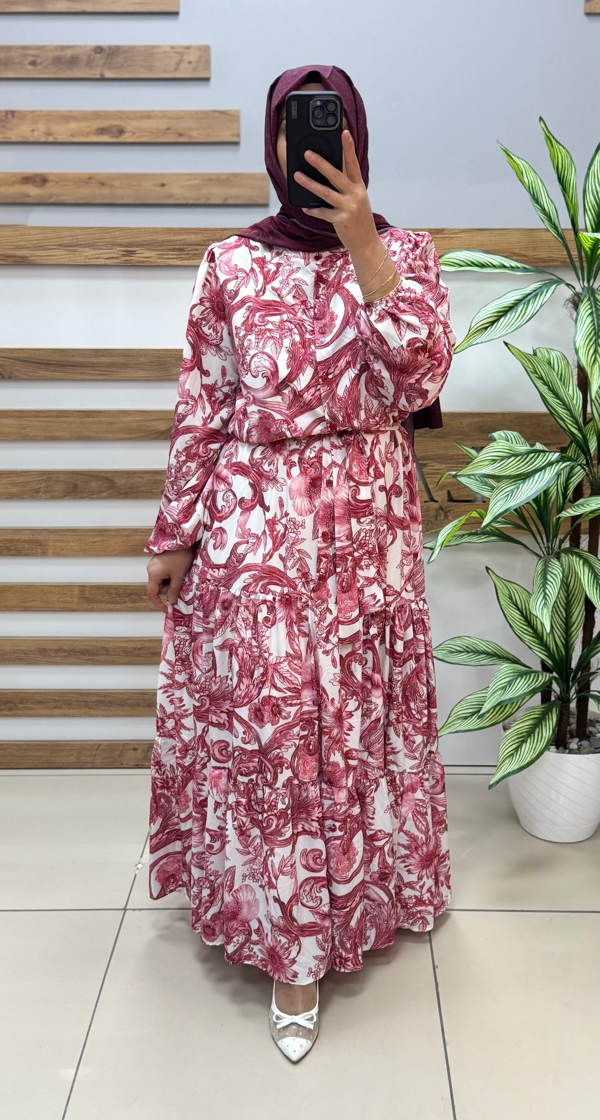 PUANE Çiçek Desenli Elbise 12636 - KIRMIZI
