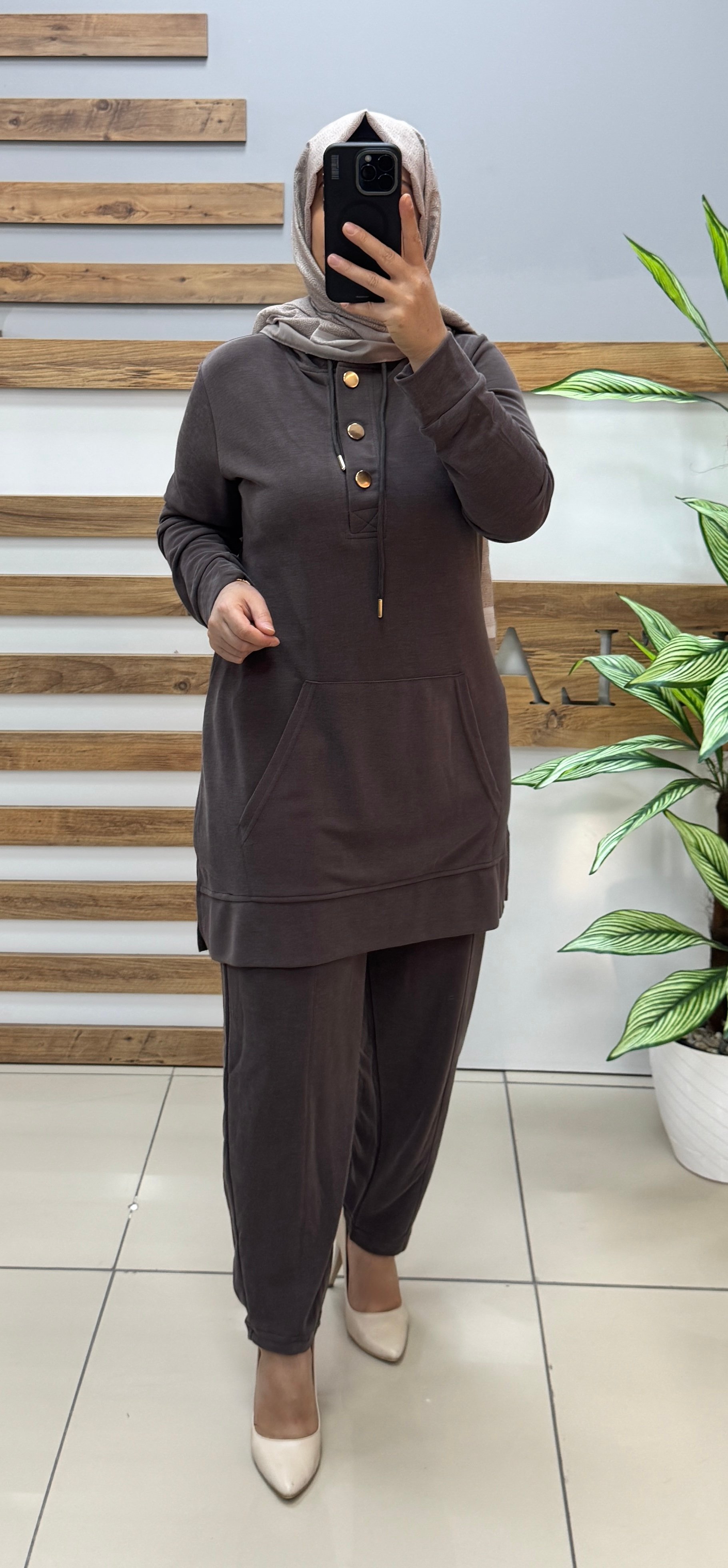 AYŞE AKAY Kapüşonlu Pike Kumaş İkili Takım 6526 - KAHVERENGİ