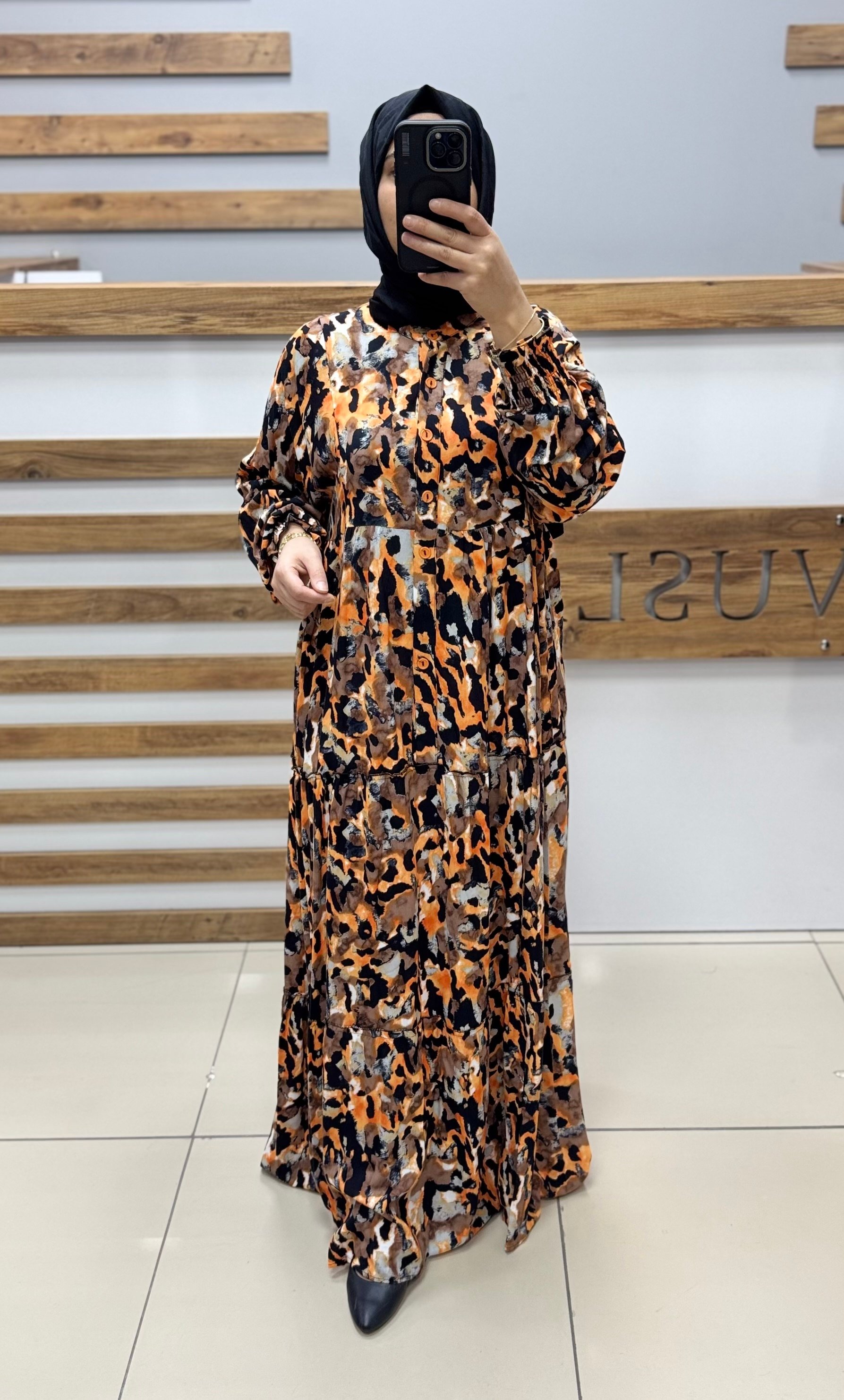 AYŞE AKAY Desenli Viskon Elbise 6521 - TURUNCU