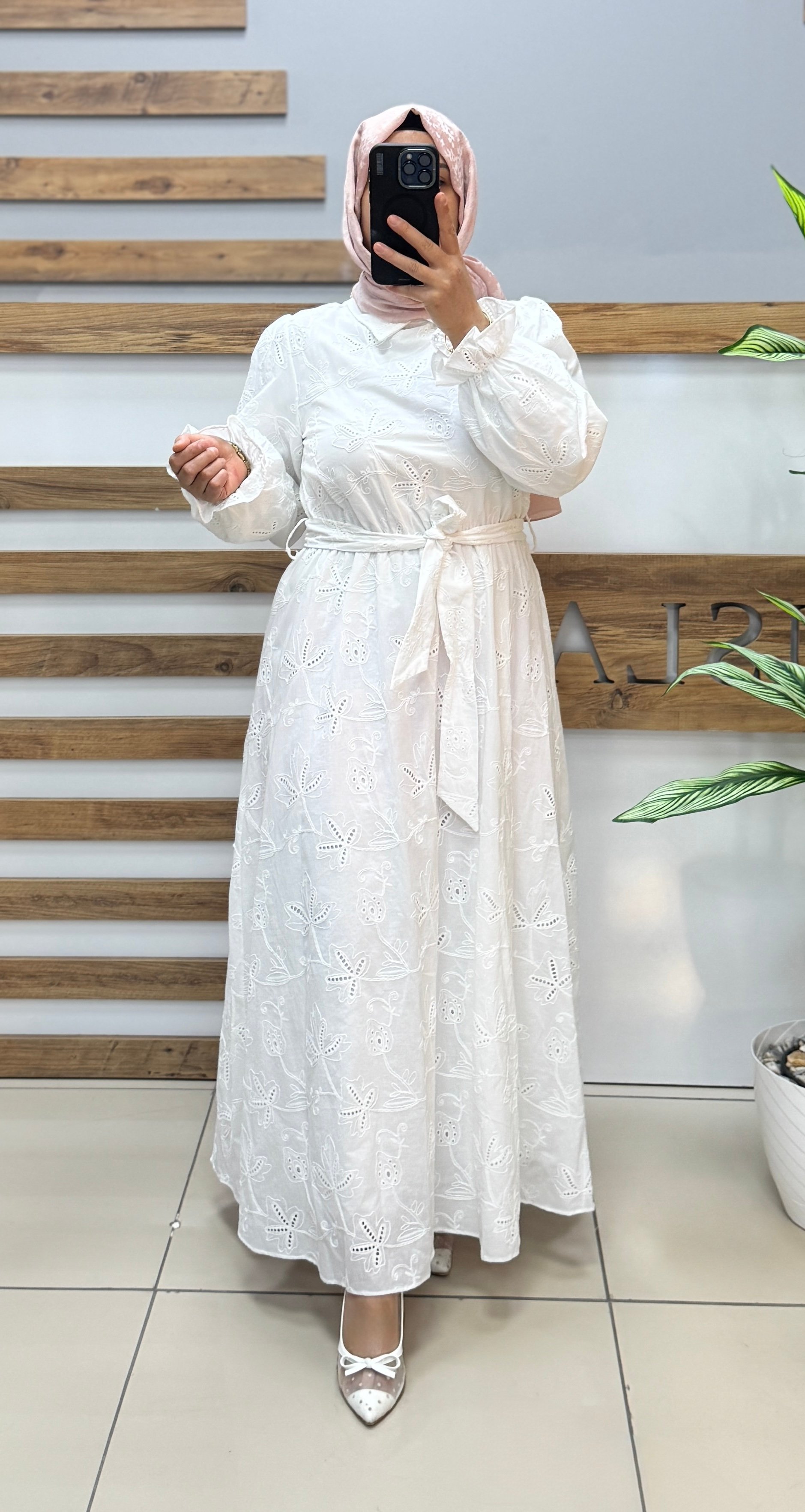 PUANE Beli Kuşaklı Pamuklu Elbise Ecru 12626