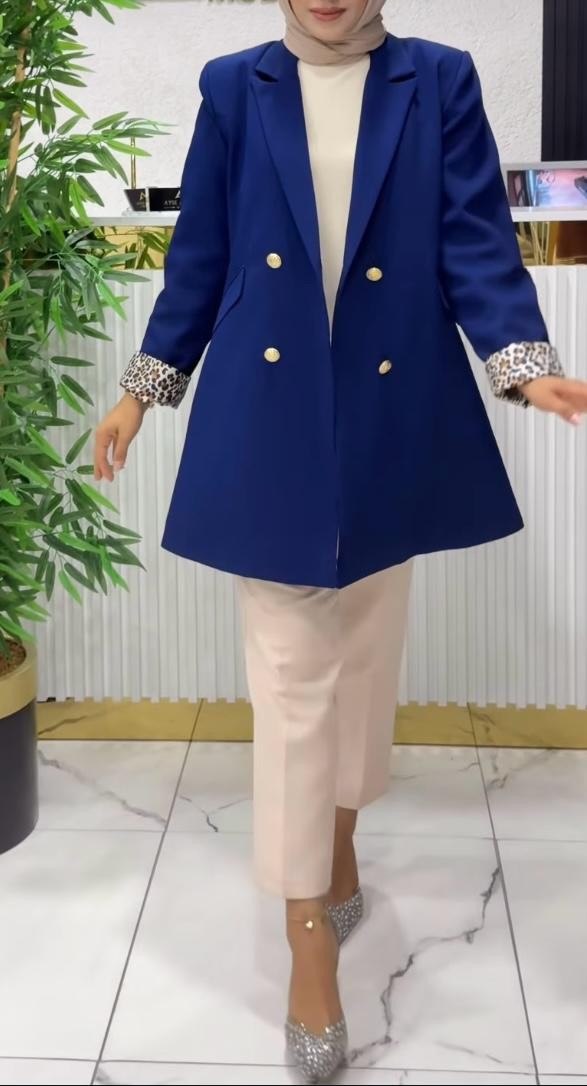 Leopar Detaylı Blazer Ceket - SAKS MAVİSİ