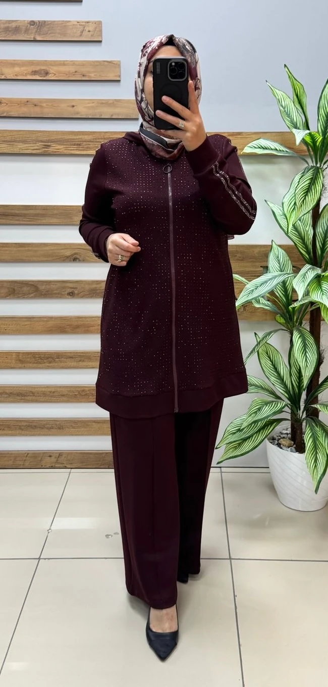 NOSHE Taş İşlemeli Takım Bordo 4598