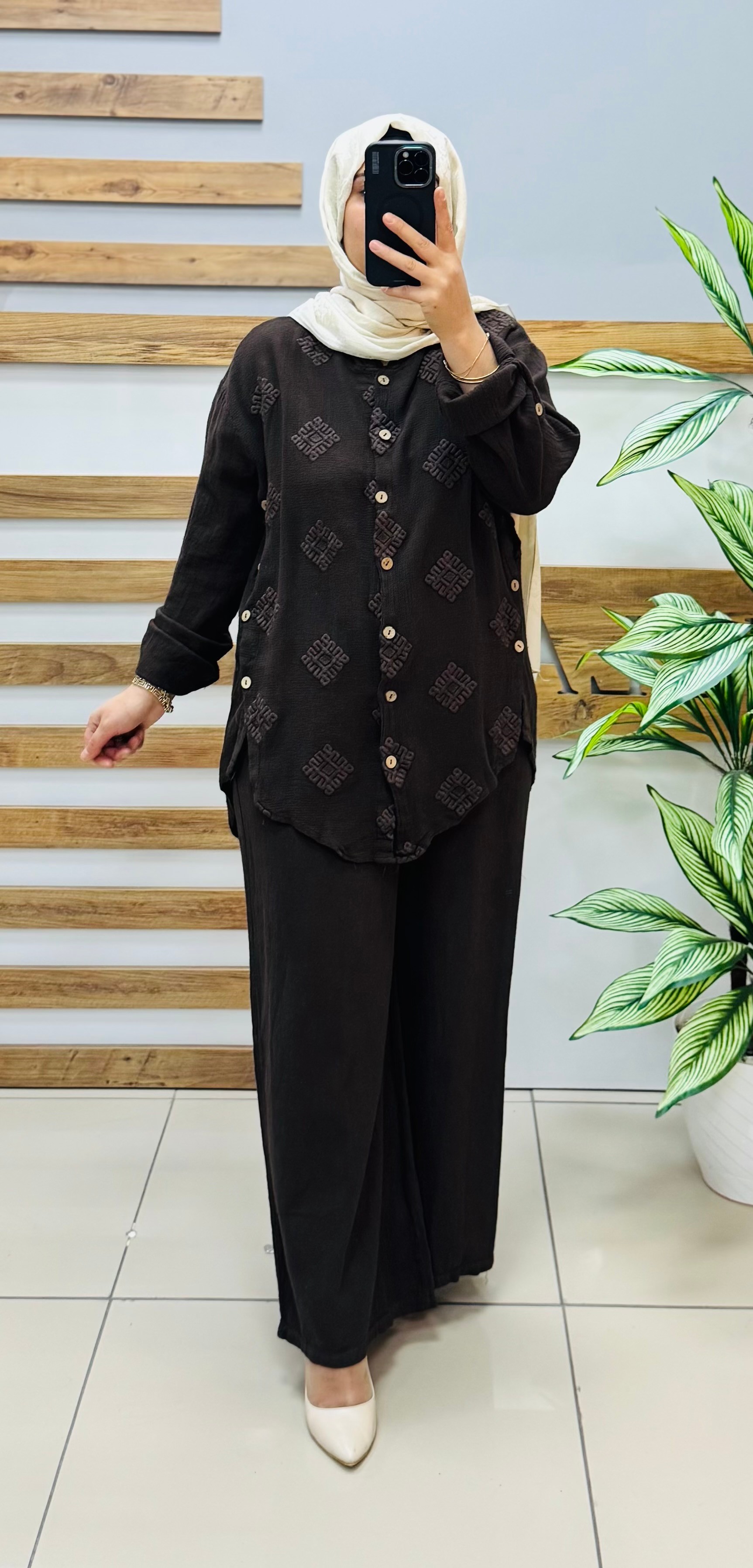 AYŞE AKAY Keten Kumaş İkili Takım 6524 - KAHVERENGİ