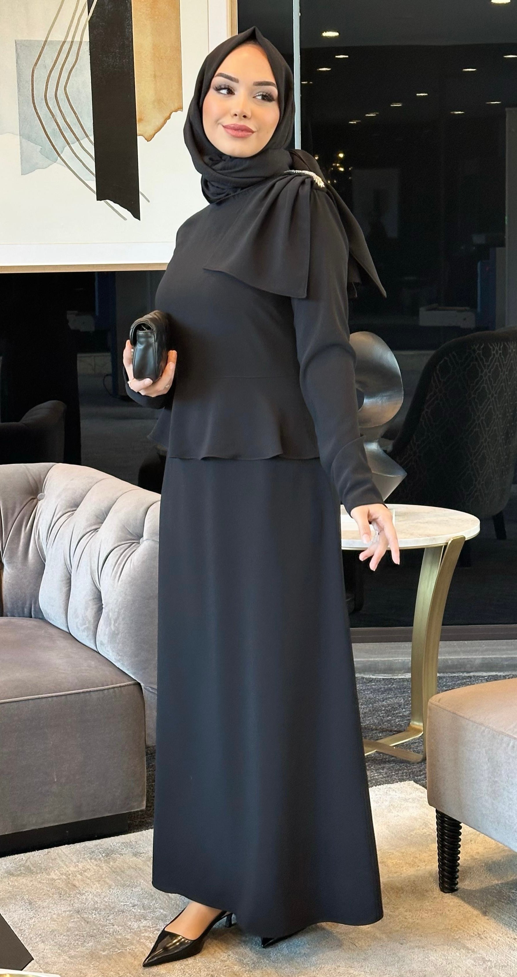 NİHLE Omuz Detaylı Şık Elbise 5216 - SİYAH