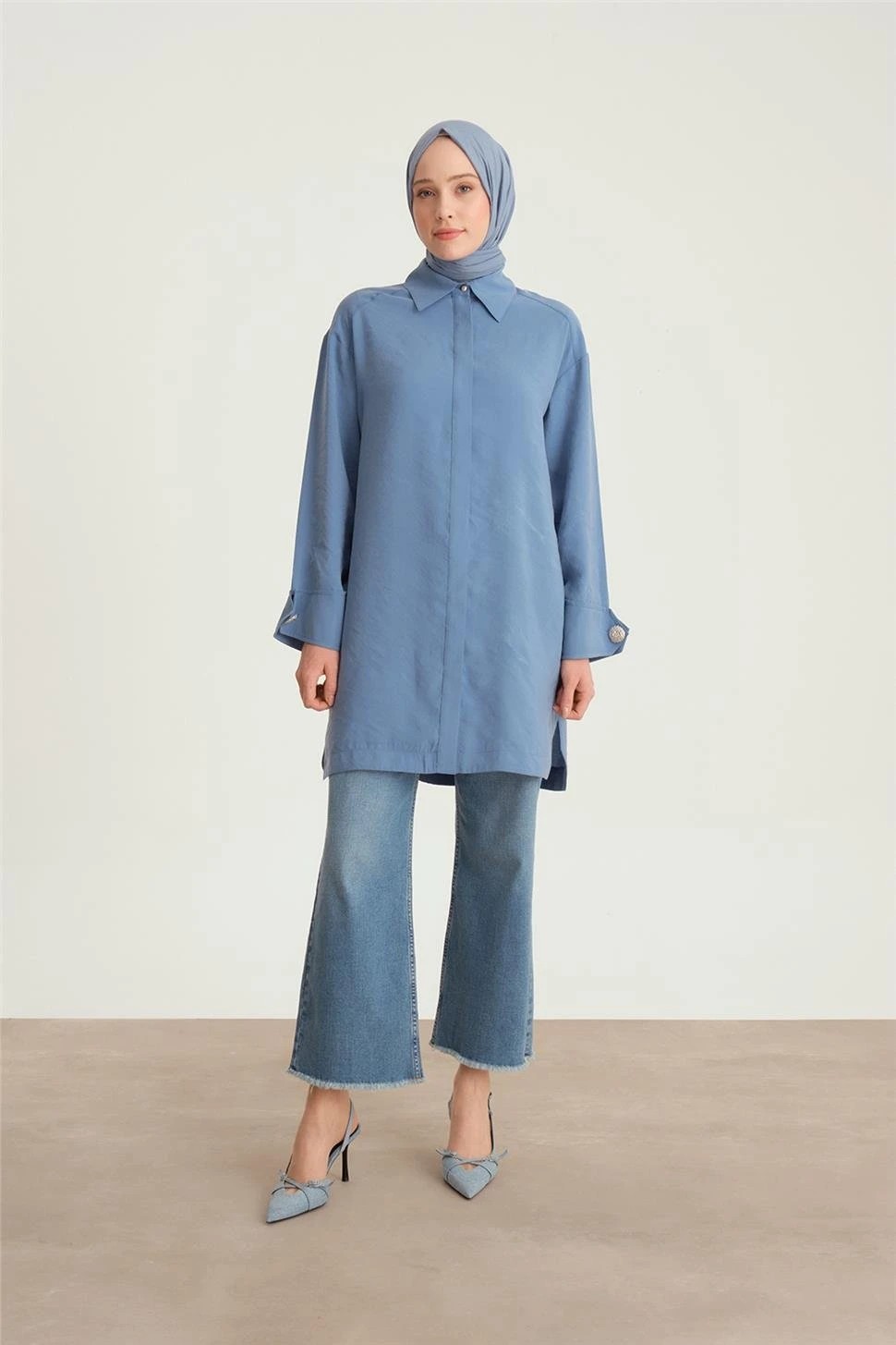 ARMİNE Kalın Manşetli Tencel Tunik 24Y4004 - SİSLİ MAVİ