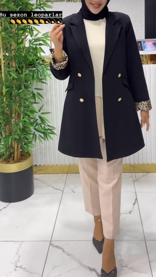 Leopar Detaylı Blazer Ceket - SİYAH