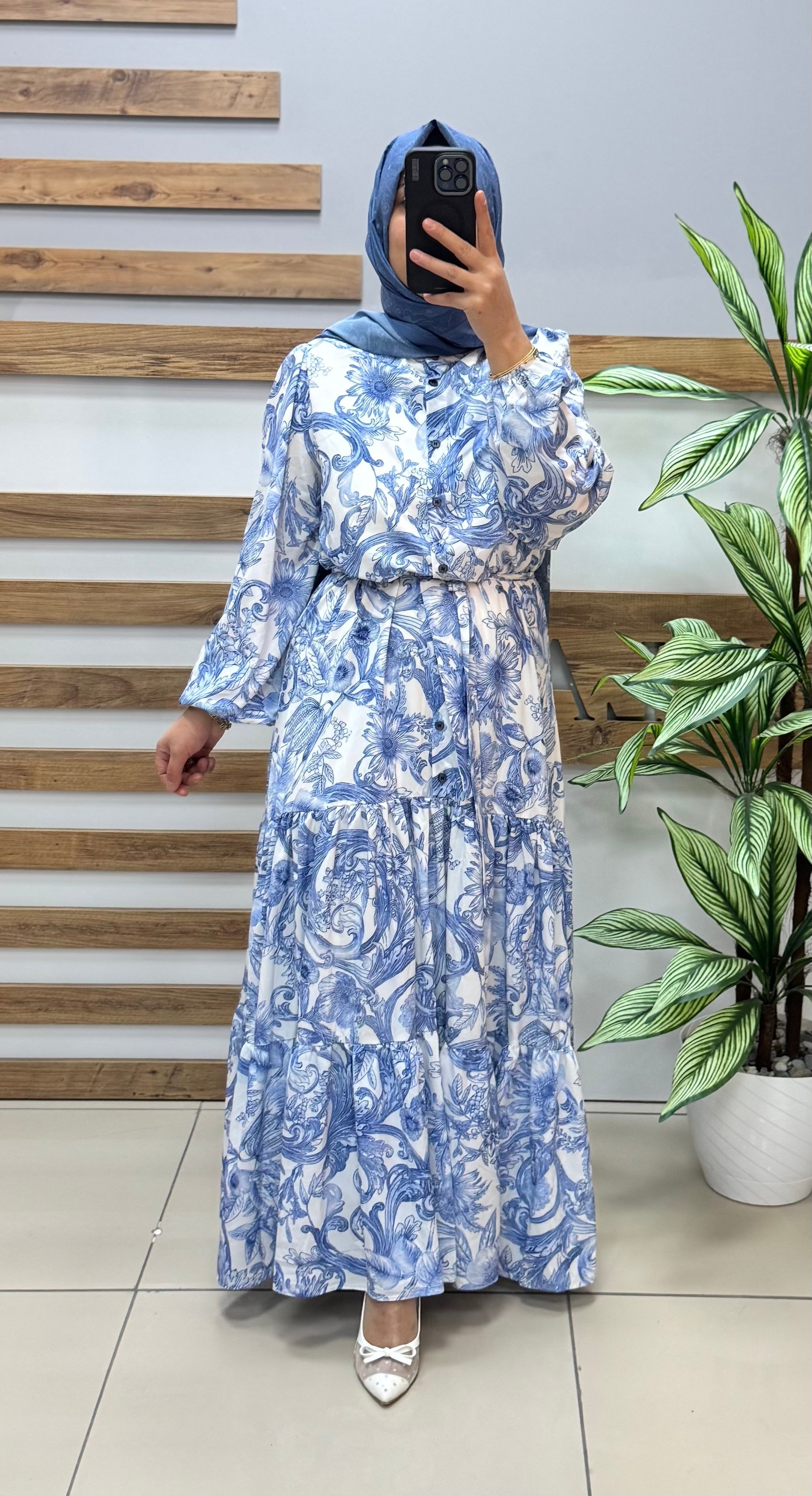 PUANE Çiçek Desenli Elbise 12636 - MAVİ