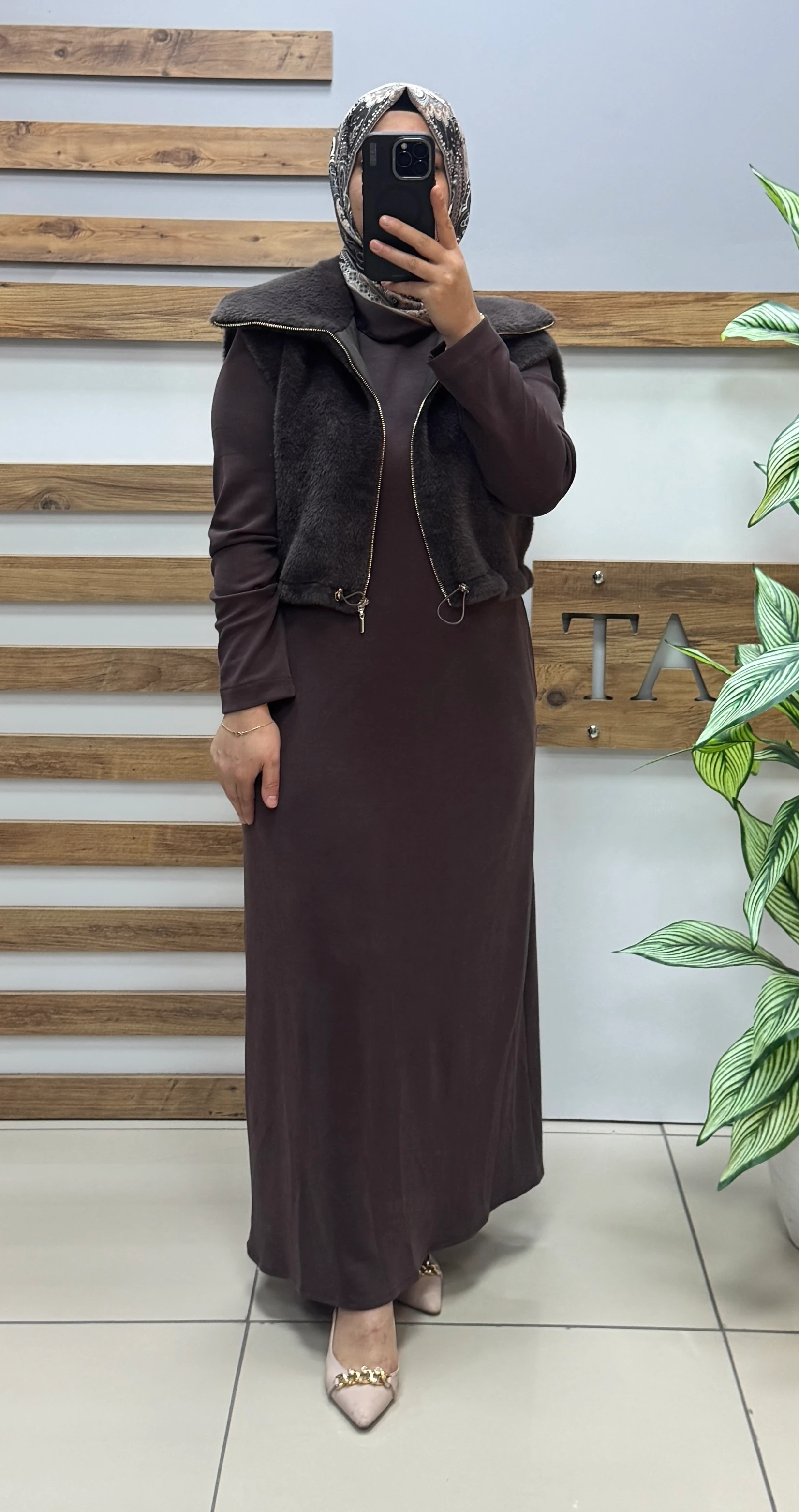 JUPE Kürk Yelekli Elbise Takım Kahverengi 7261