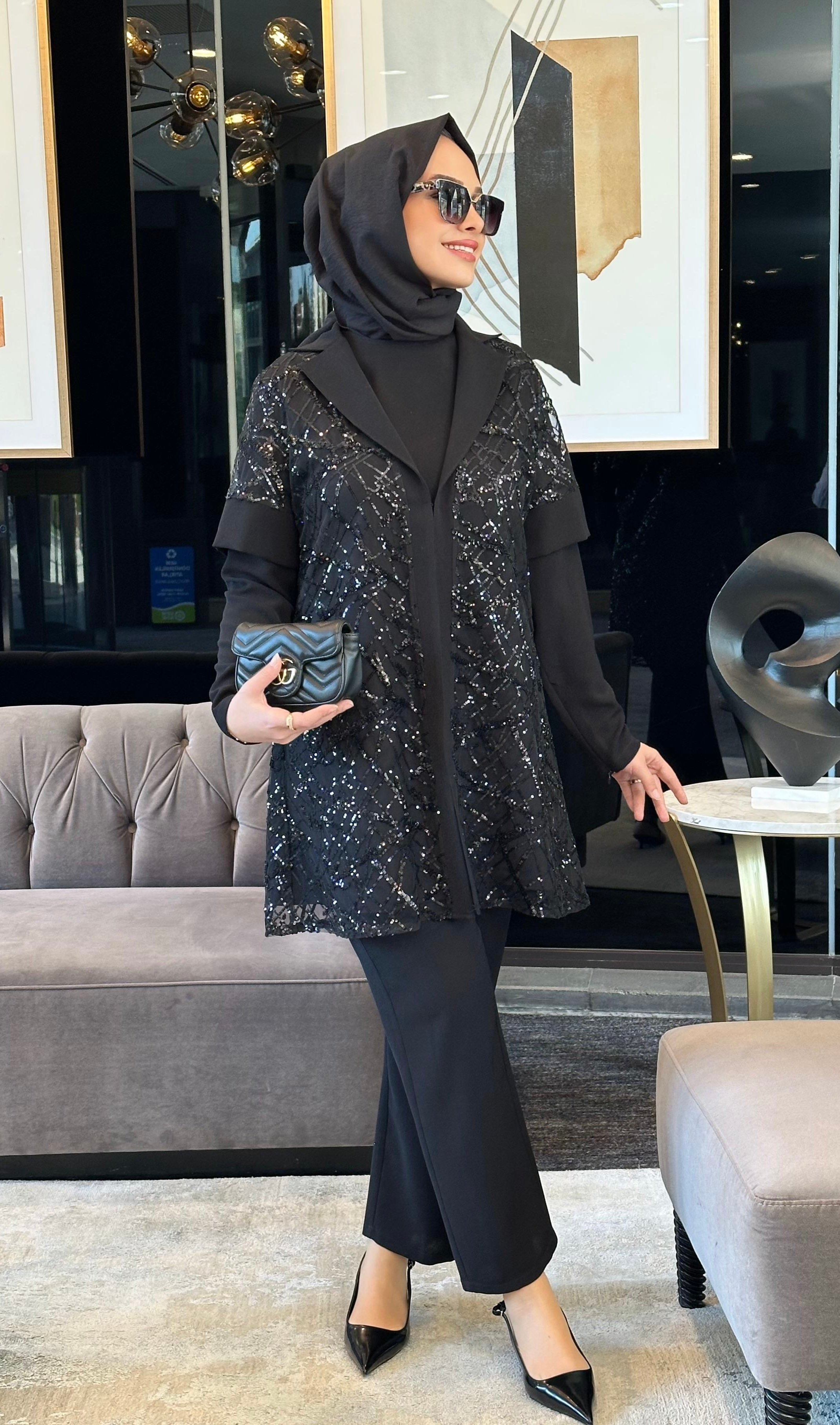 NİHLE Payetli Şık Takım Siyah 8181