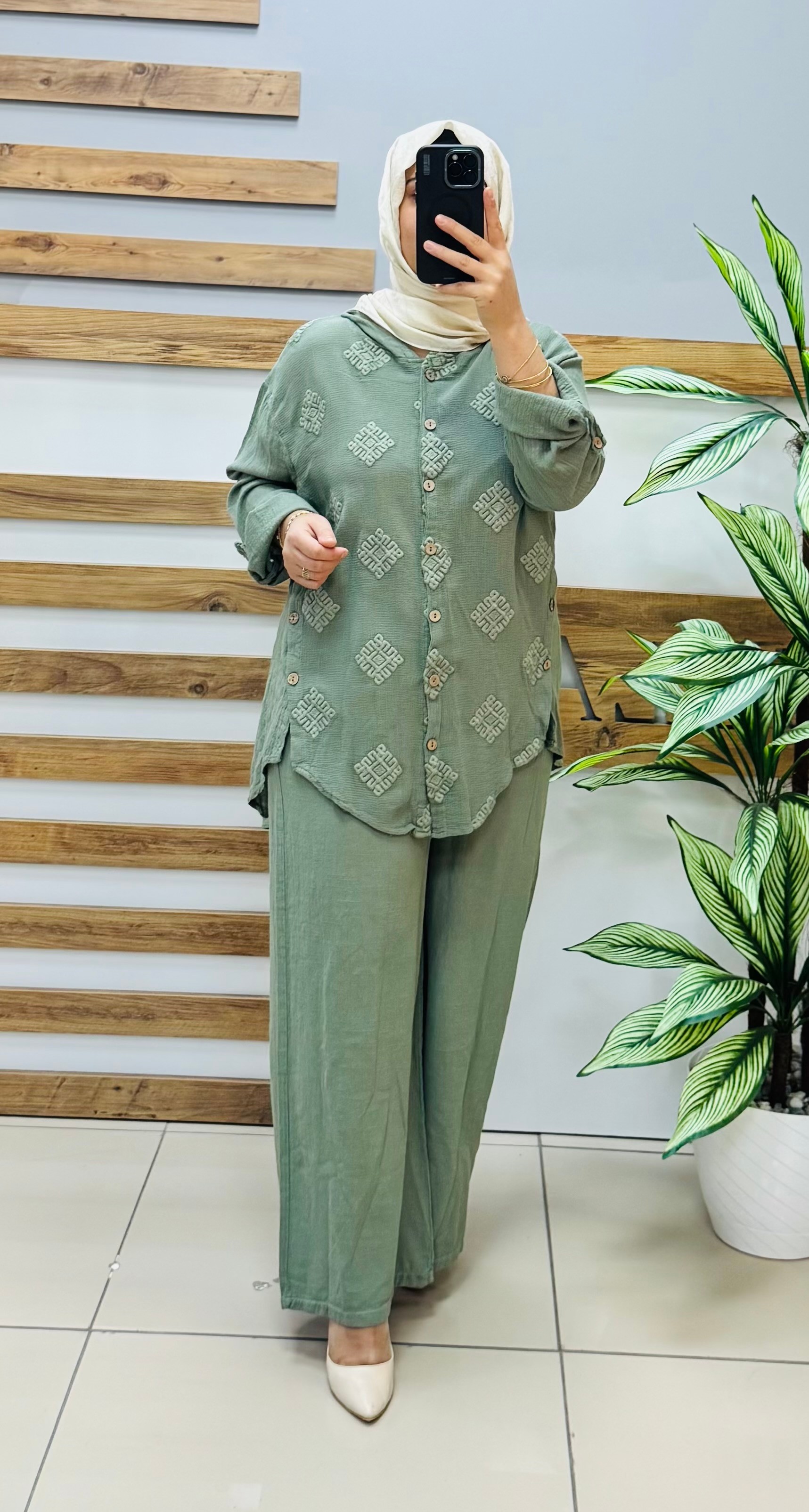 AYŞE AKAY Keten Kumaş İkili Takım 6524 - YEŞİL