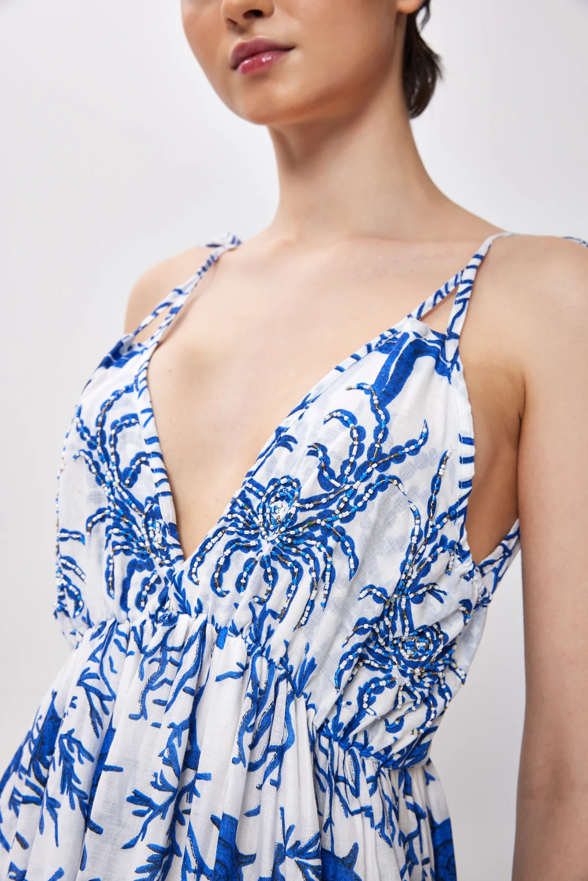 İp Askılı Desenli Kat Kat Maxi Elbise - mavi