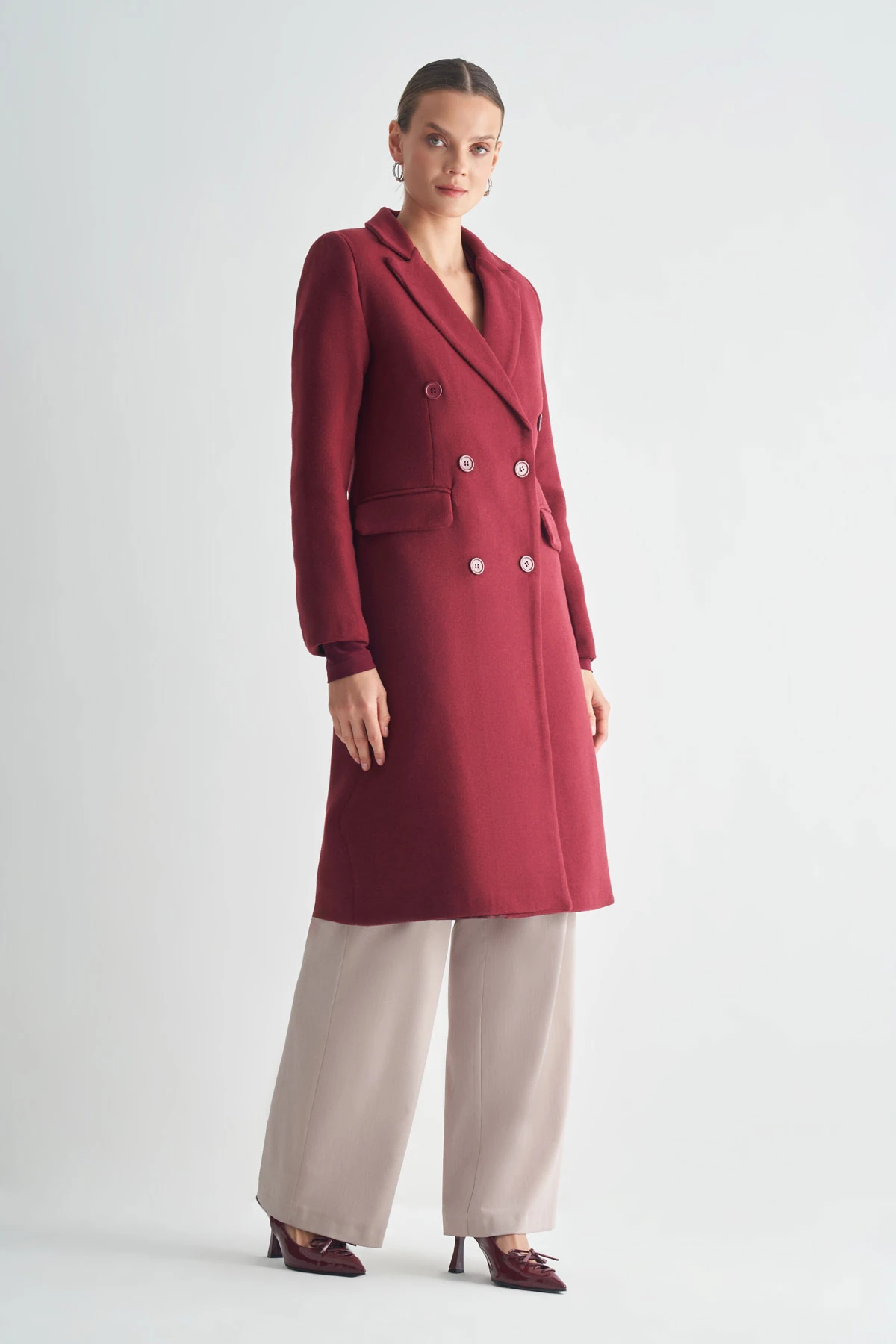 Çift Düğmeli Uzun Klasik Kaban - bordo