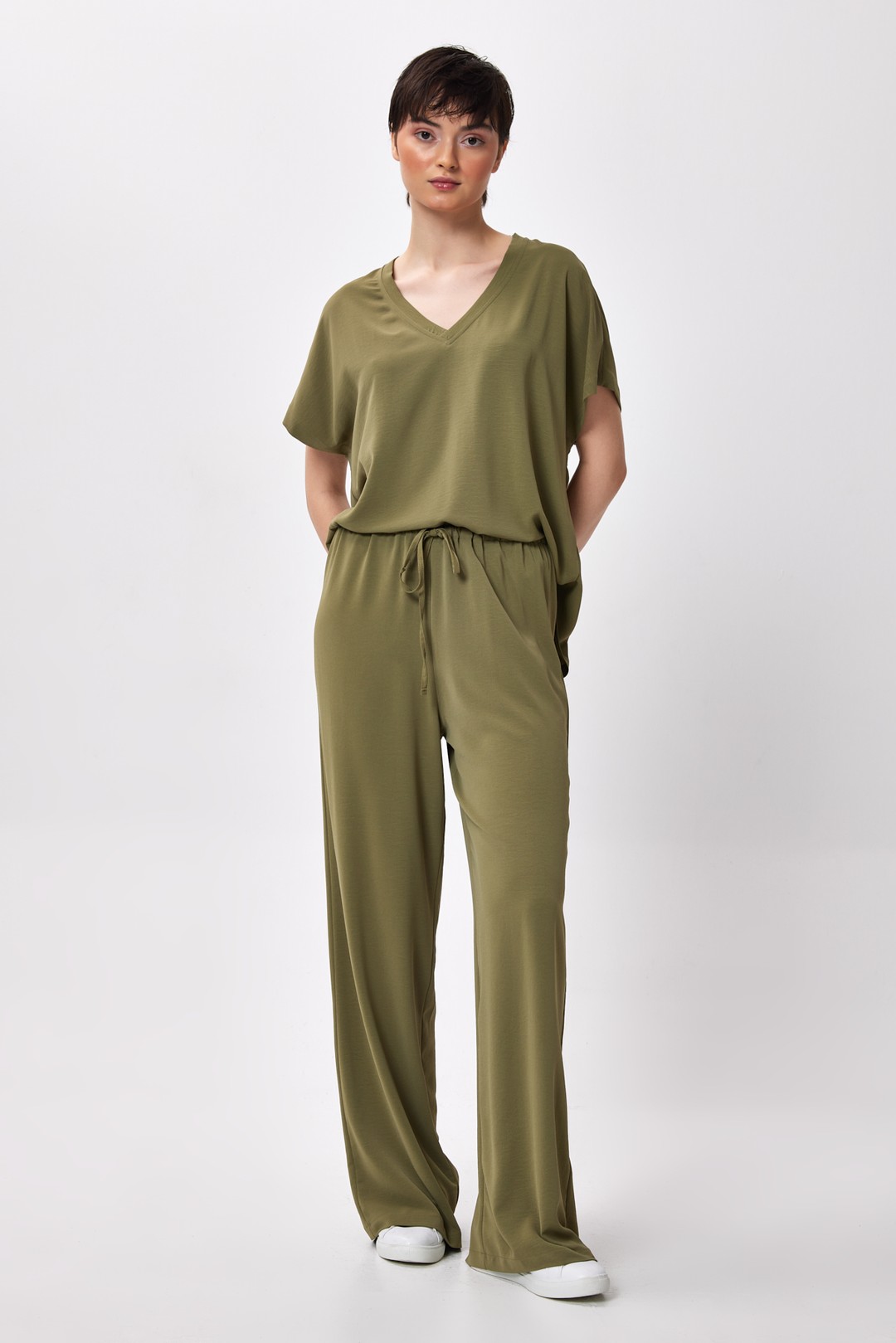 BTK10061 Beli Lastikli Bol Paça Pantolon - haki