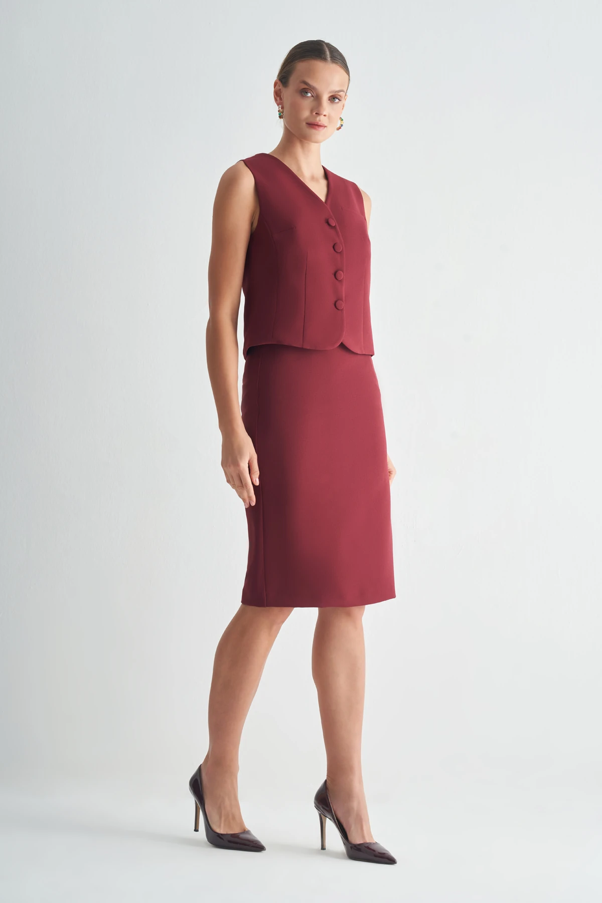Düğmeli Klasik Yelek – Şık Takım Yeleği - bordo