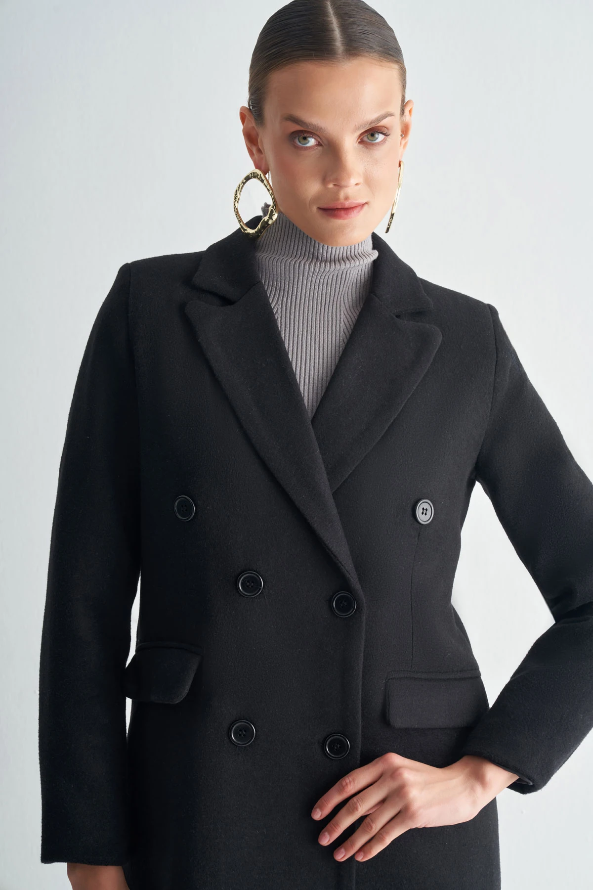 Çift Düğmeli Uzun Klasik Kaban - Siyah