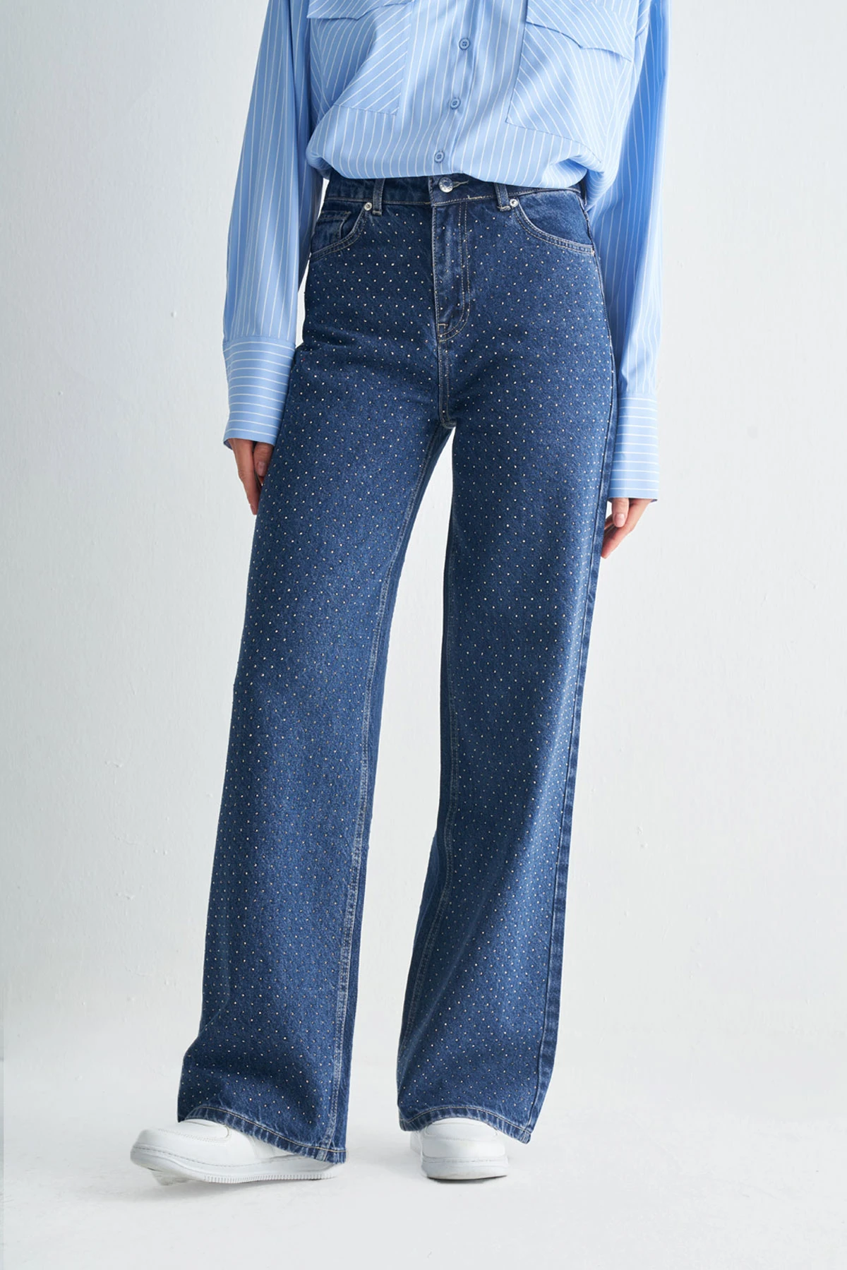 Yüksek Bel Taş Detaylı Wide Leg Jeans Pantolon - mavi