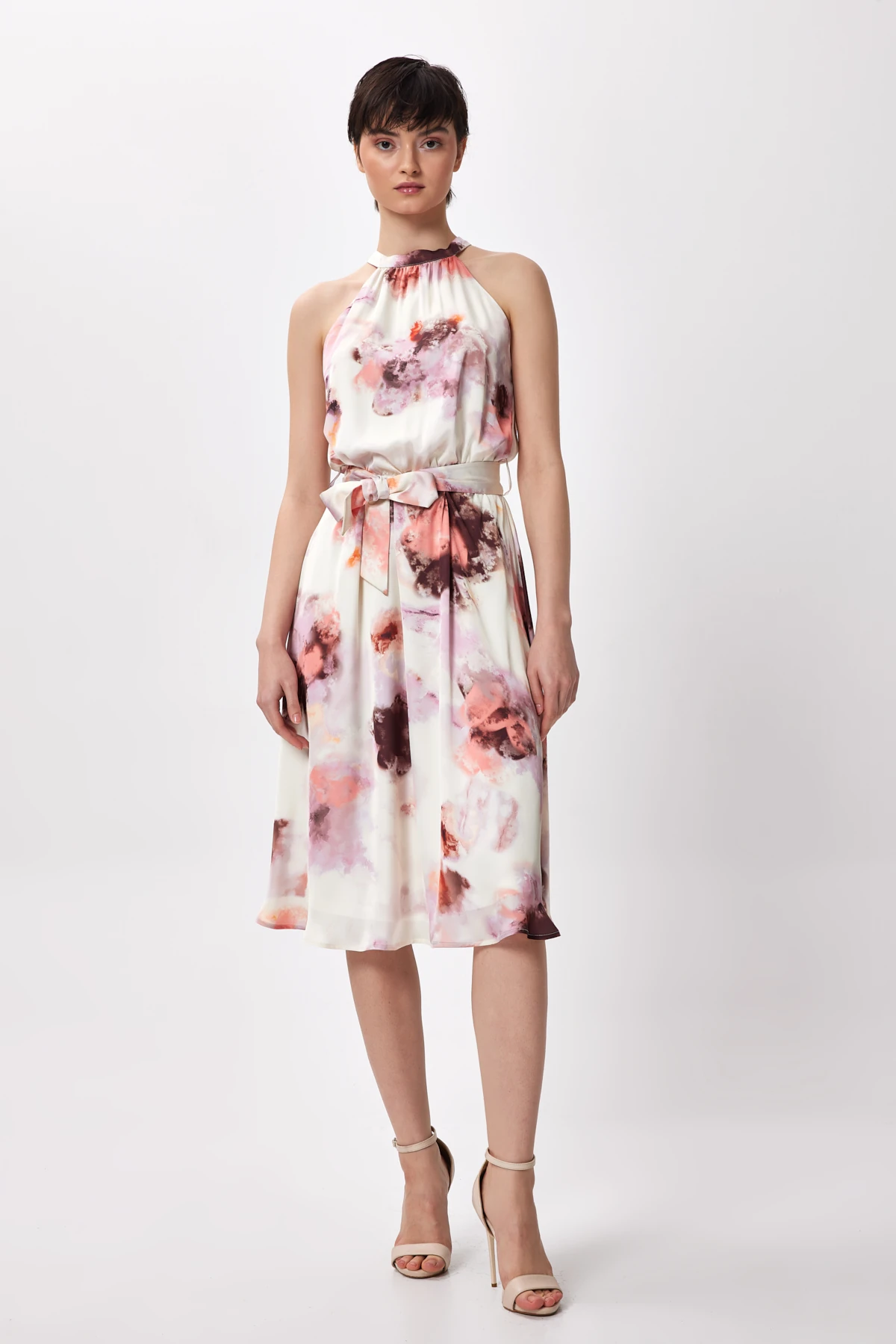 Zarif Desenli Halter Yaka Midi Elbise - pudra