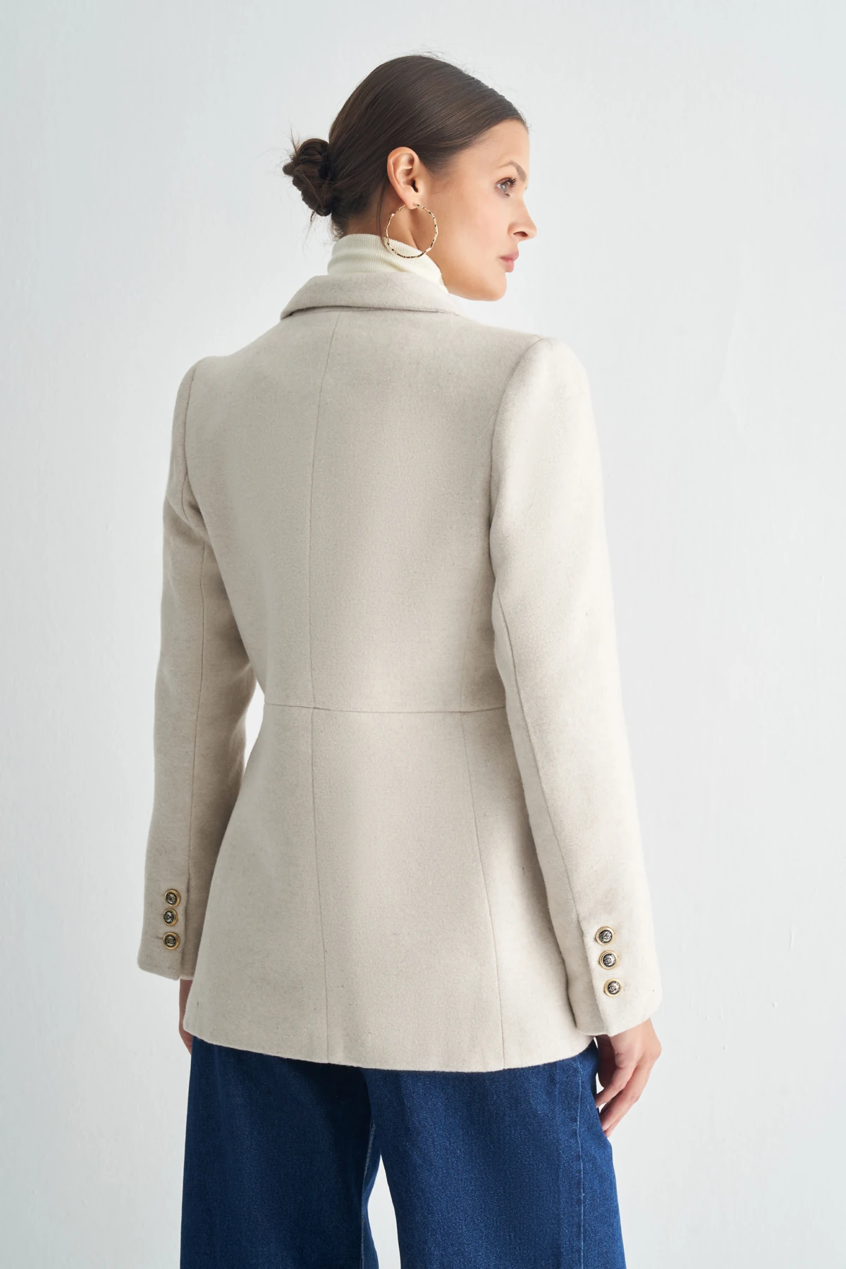 Çift Düğmeli Kaşe Kaban - ekru