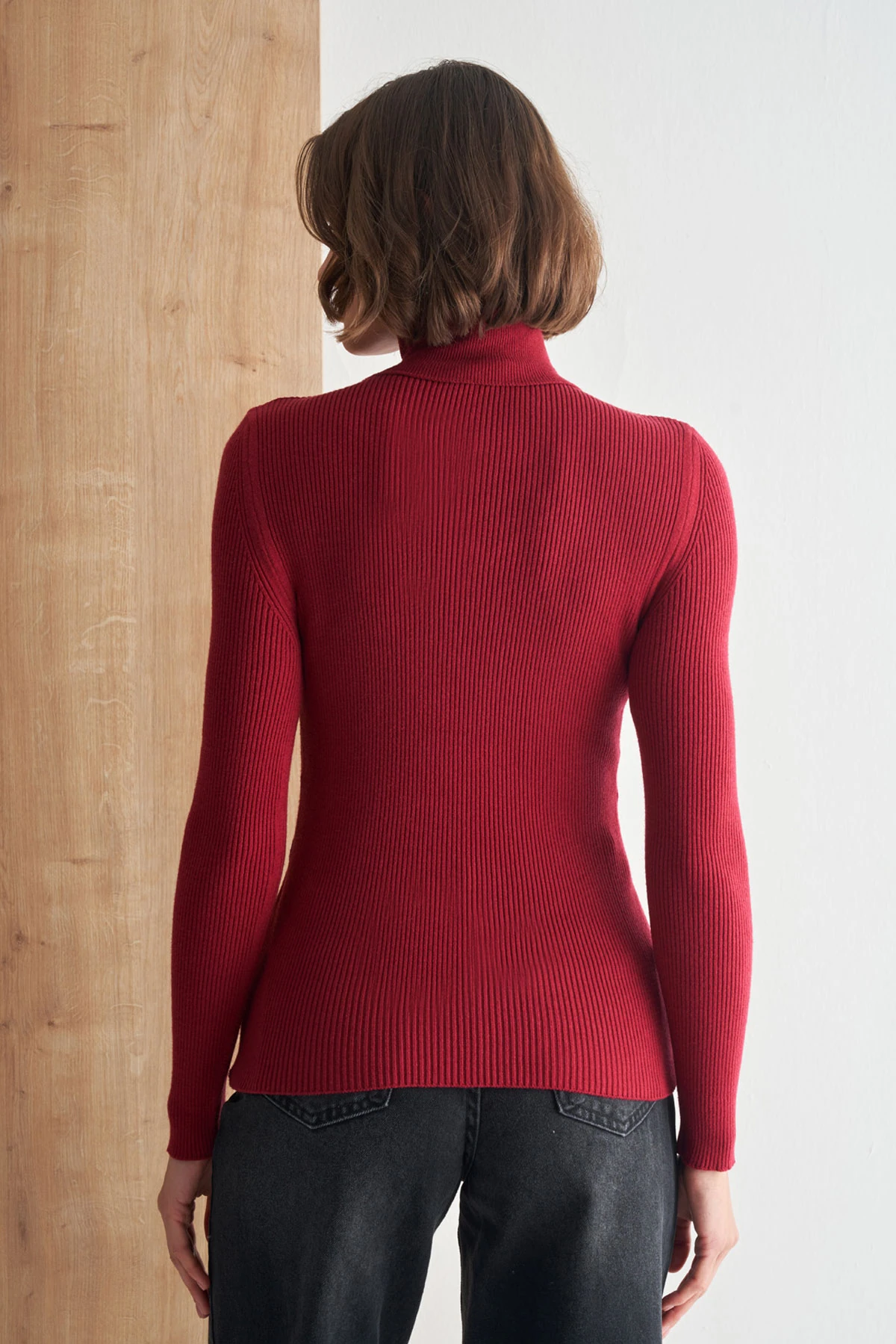 Tam Balıkçı Yaka Fitilli Triko Kazak - bordo