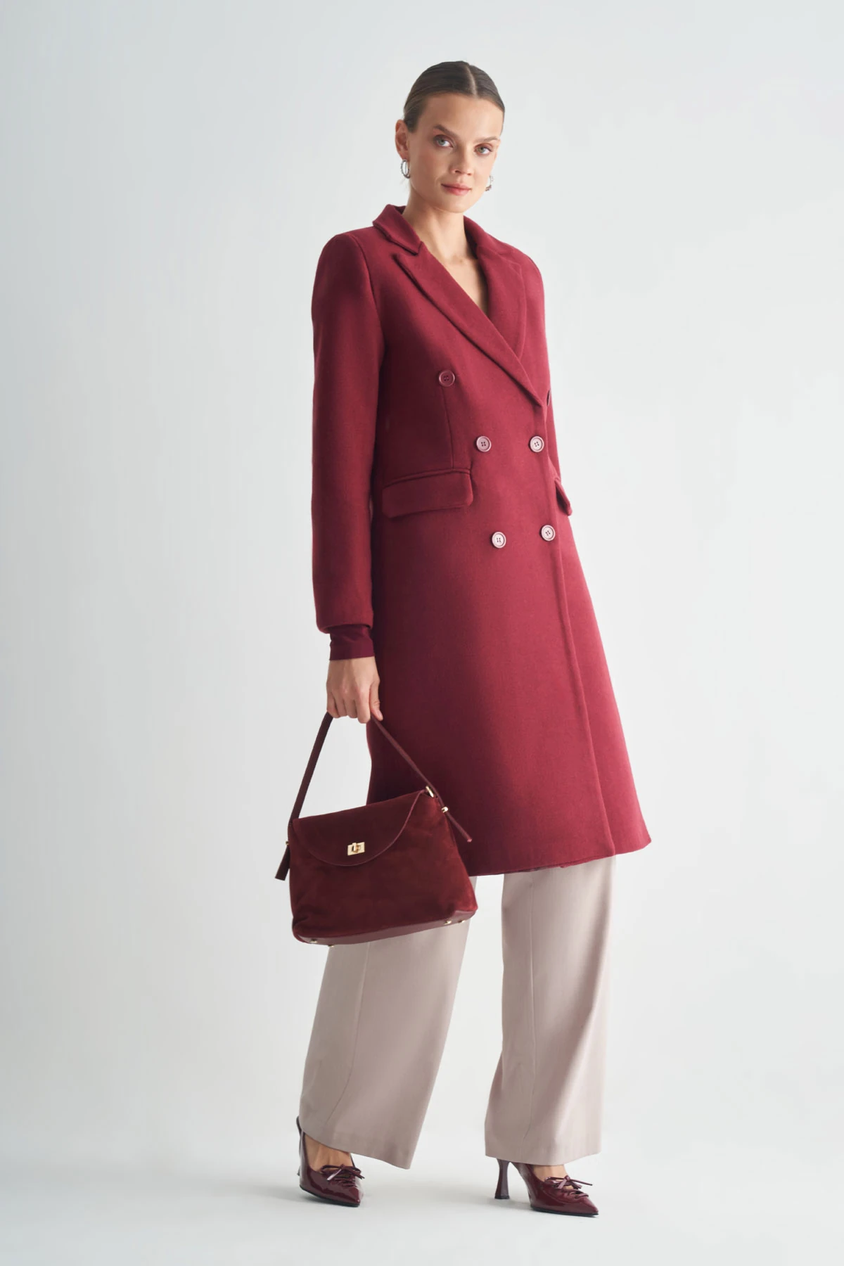 Çift Düğmeli Uzun Klasik Kaban - bordo