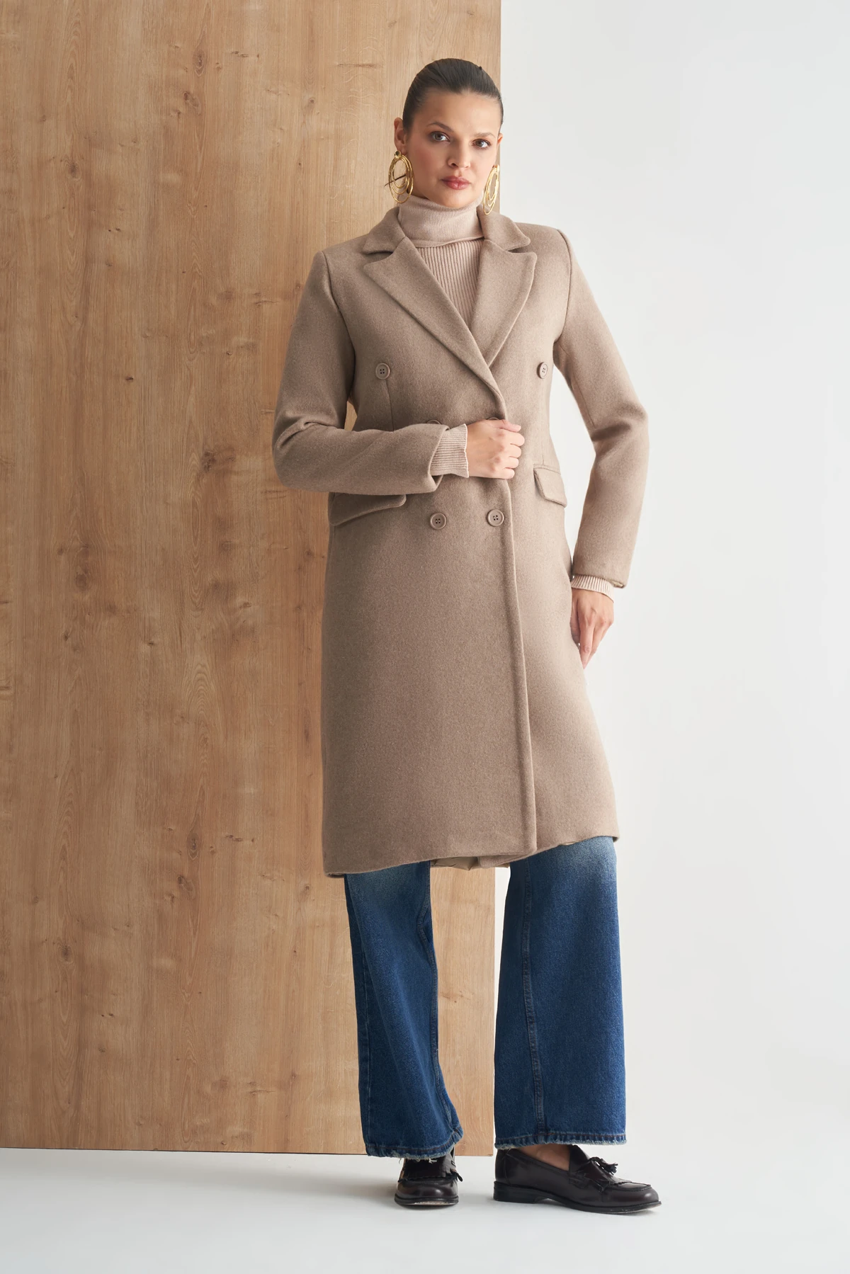 Çift Düğmeli Uzun Klasik Kaban - VİZON