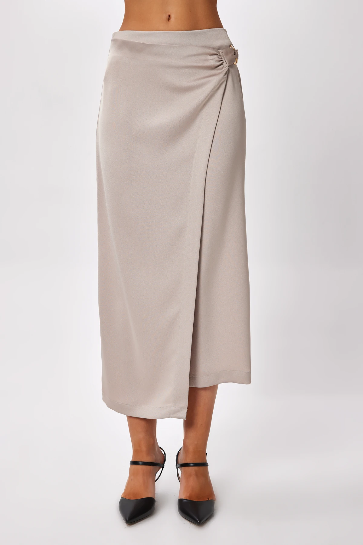 Yırtmaç Detaylı Midi Etek - vizon