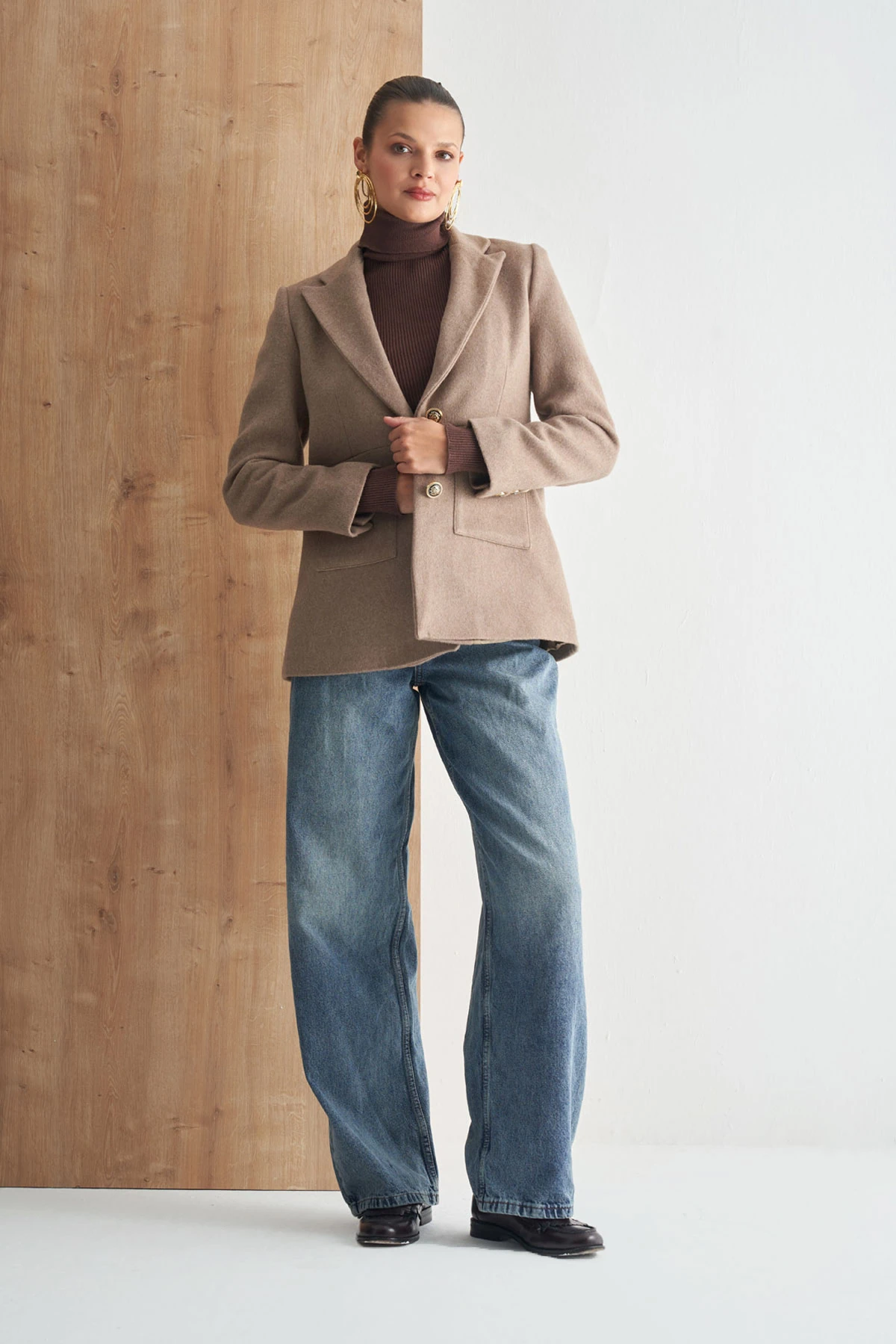 Çift Düğmeli Kaşe Kaban - vizon