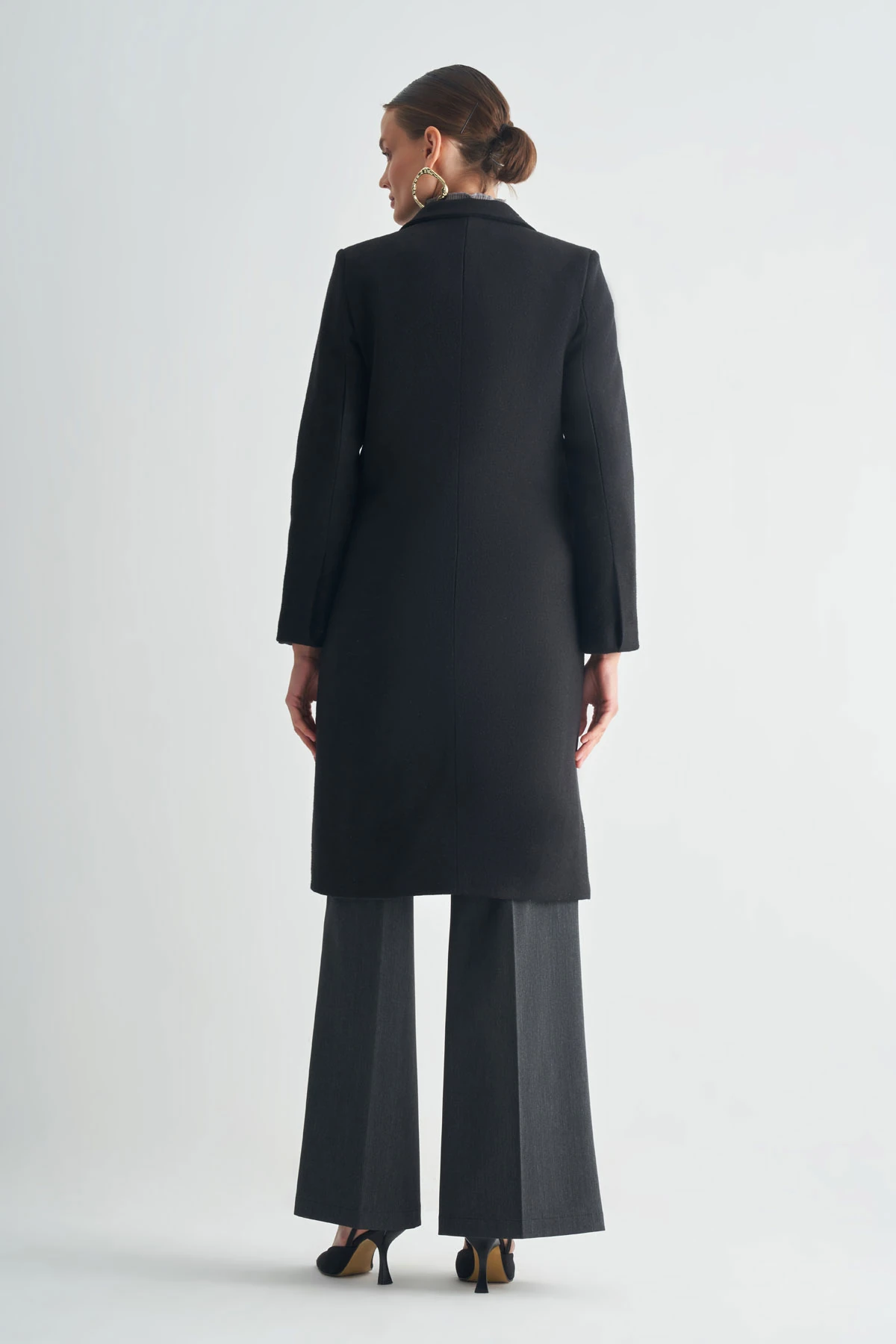 Çift Düğmeli Uzun Klasik Kaban - Siyah