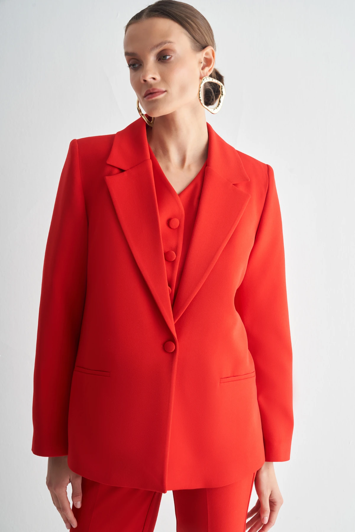 Oversize Blazer Ceket ve Yelekli Takım - Kırmızı