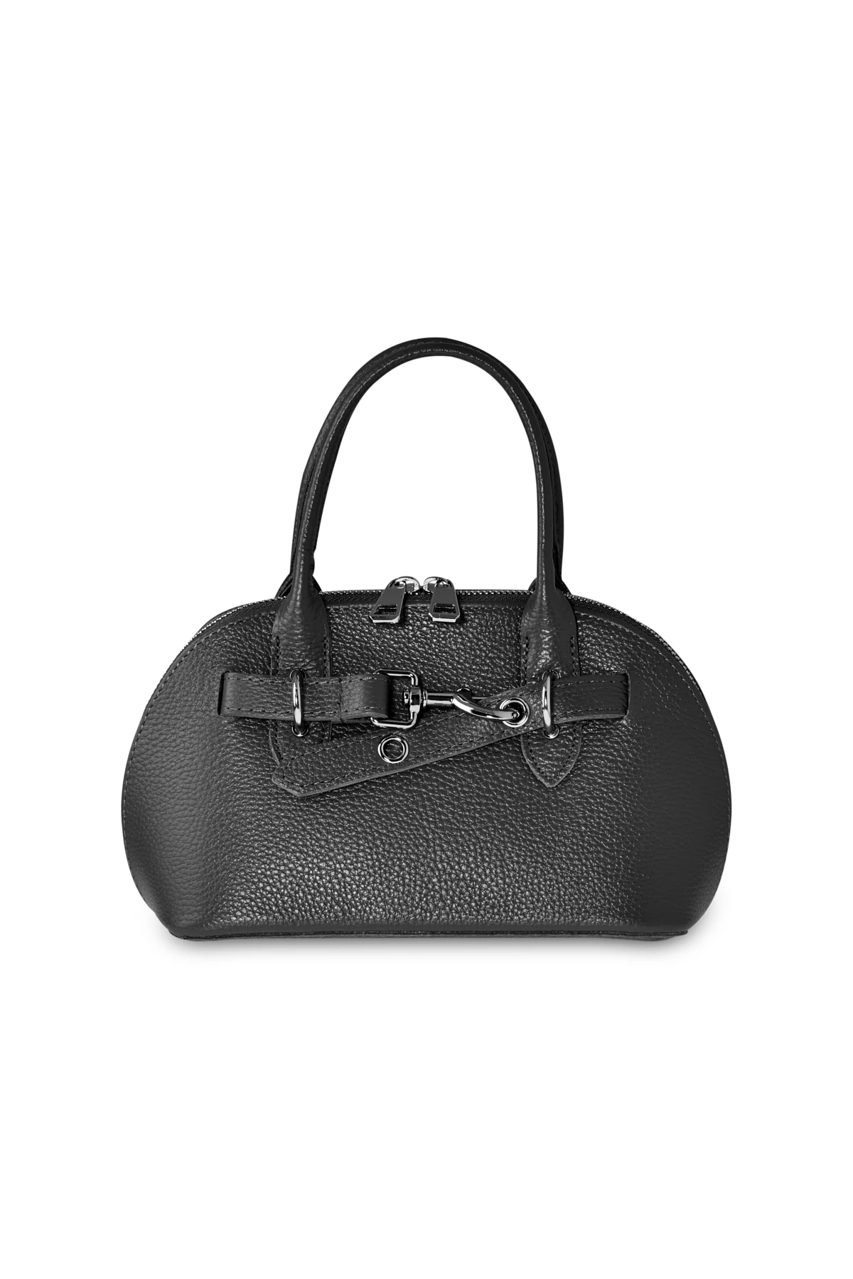 Deri Görünümlü Oval Form Çanta - Siyah