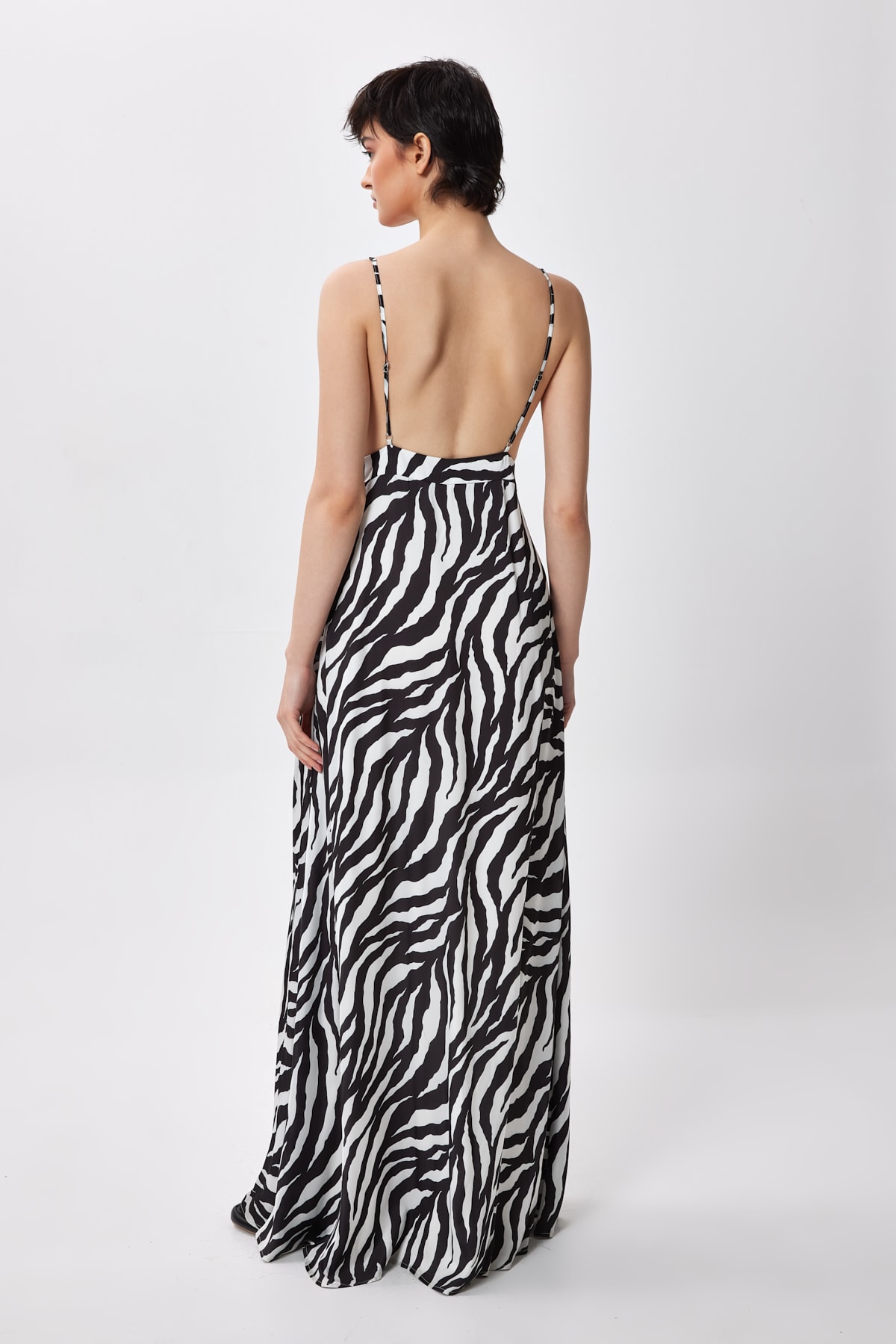 Zebra Desenli Askılı Uzun Elbise - Siyah