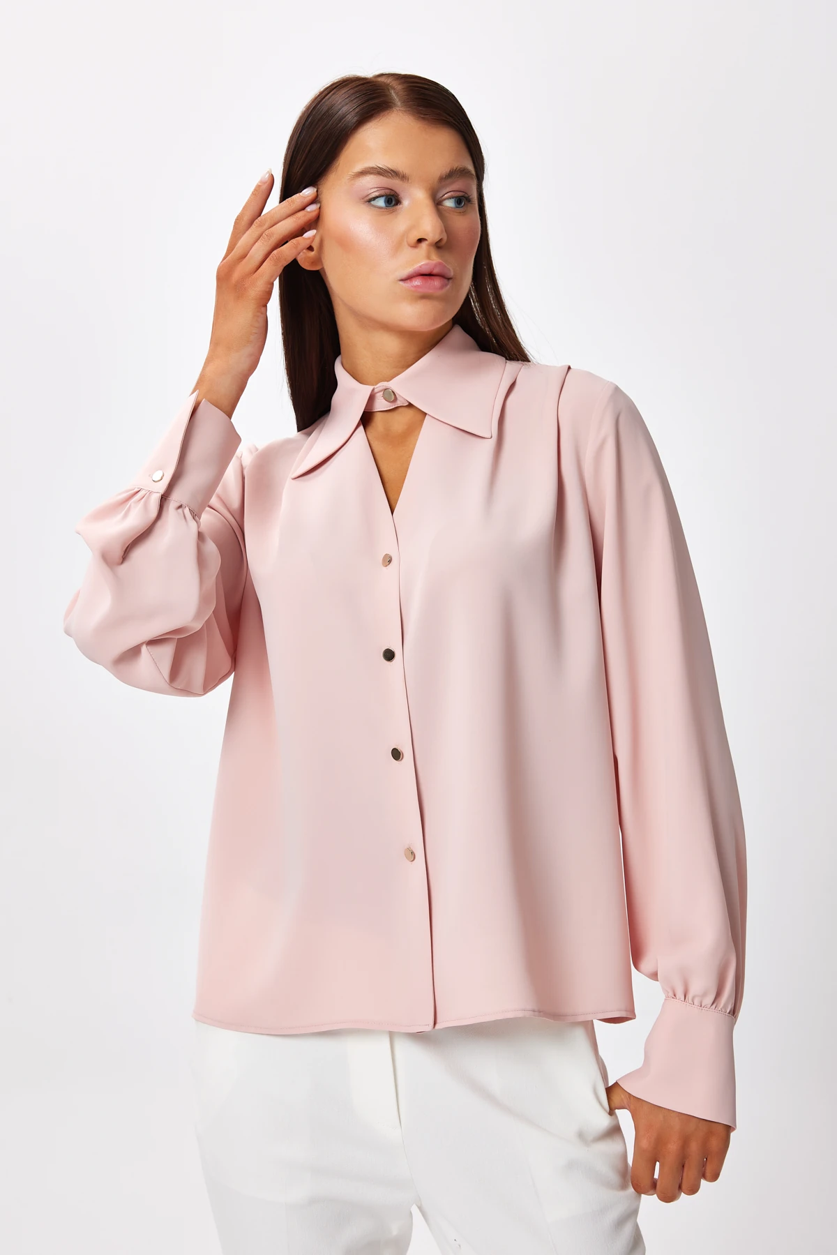 Yaka Detaylı Düğmeli Gömlek - pudra