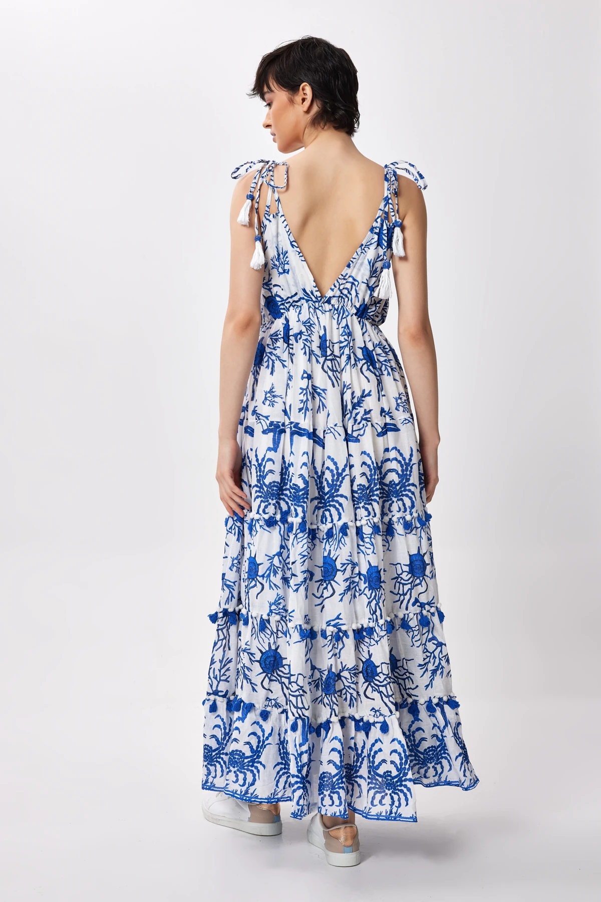 İp Askılı Desenli Kat Kat Maxi Elbise - mavi